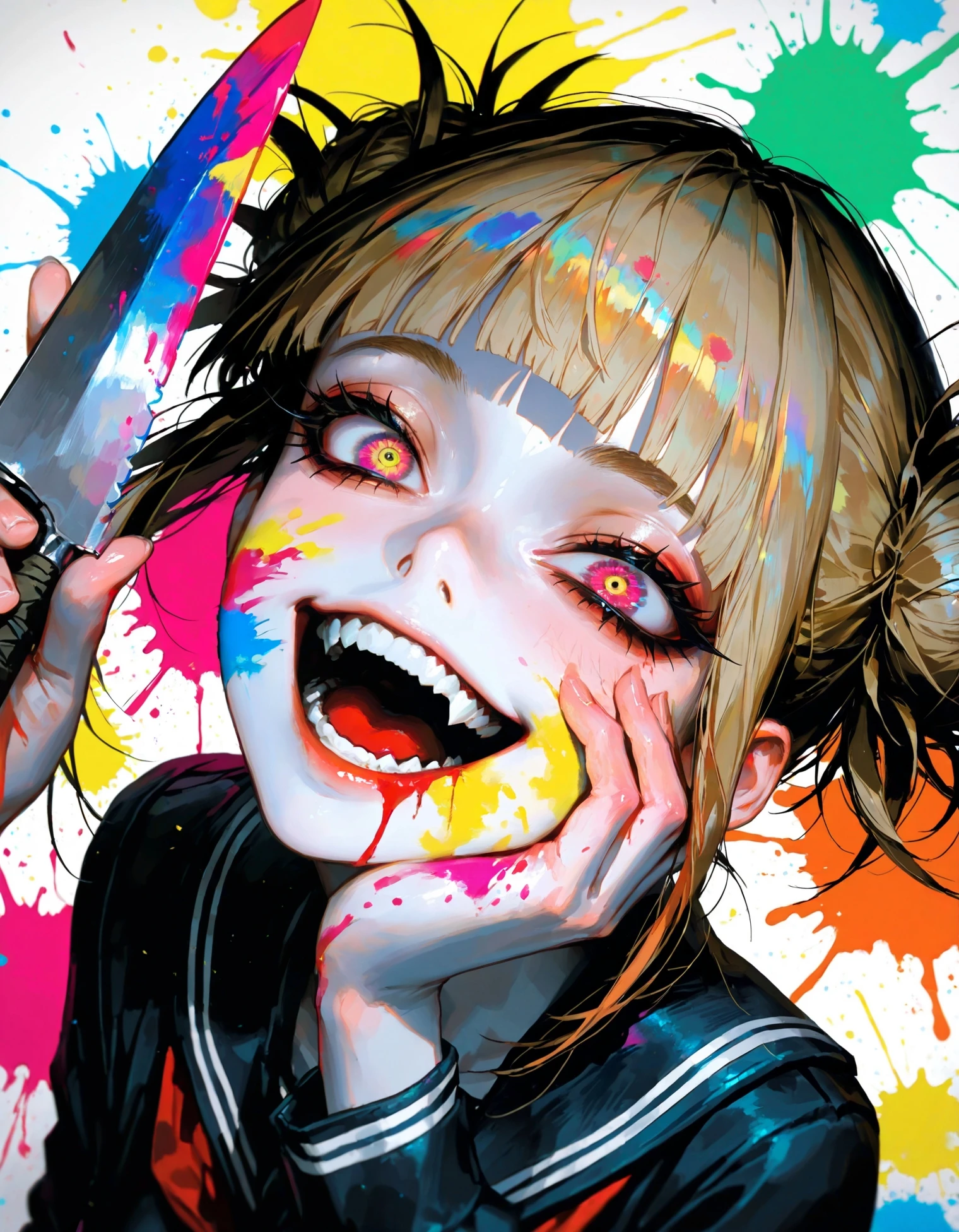 <lora:Ultra Lora Detailer and Glow>,1girl,toga himiko,teeth,open mouth,blood on face,smile,double bun,crazy eyes,holding knife,hand on own cheek,upper body,school uniform backlighting,from above,dutch angle,close-up,photorealistic,dutch angle,(colorful),from above,(((paint splatter))),fisheye,
(EyesHD:1.2),(4k,8k,Ultra HD),masterpiece,best quality,ultra-detailed,very aesthetic,sharp focus,depth of field,ray tracing,best lighting,detailed illustration,detailed background,cinematic,beautiful face,beautiful eyes,
ambient occlusion,raytracing,soft lighting,absolutely eye-catching,intricate cinematic background,8K,illustrating,CG,clear skin,ultra-detailed-eyes,detailed background,cute girl,eyelashes,
BREAK
(qiandaiyiyu:0.85),(soleil \(soleilmtfbwy03\):0.6),(godiva ghoul:0.65),(anniechromes:0.5),
(close-up:1.5),(rella:1.2),(redum4:1.2) (au \(d elete\):1.2) (dino \(dinoartforame\):1.1),wlop,cinematic,epic,masterwork,high detail,dynamic pose,dynamic angle,ILXLpos,
