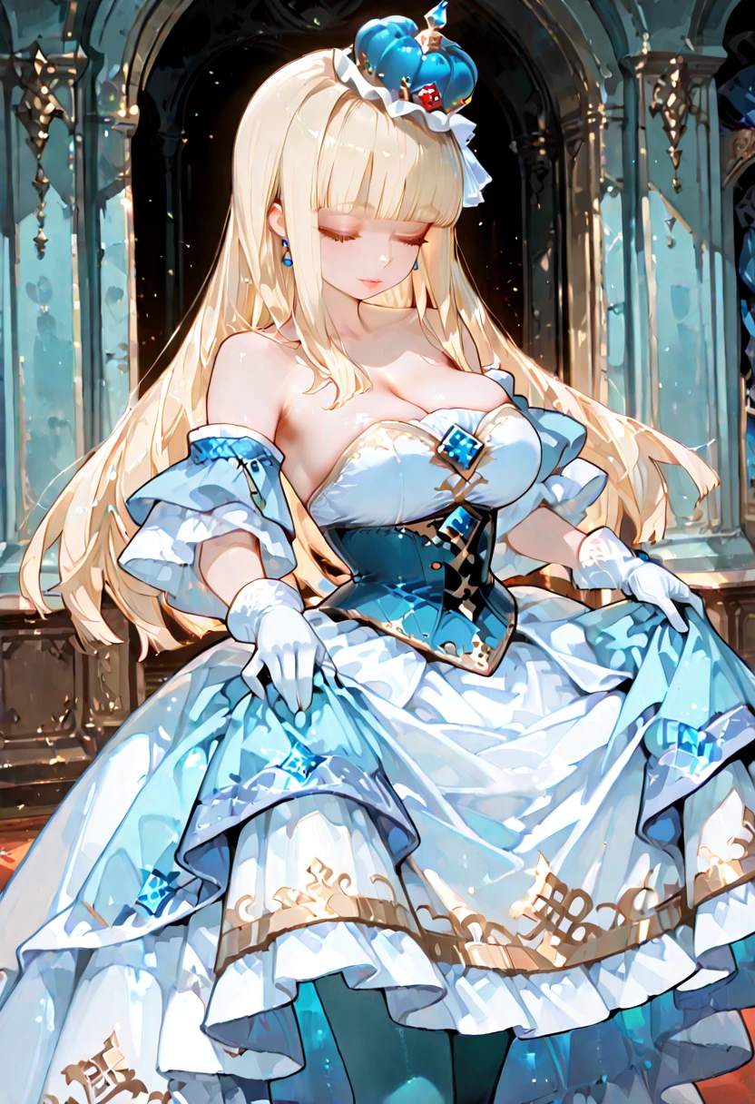 1girl, lulunasaika, blonde hair, long hair, blunt bangs, blue princess_mini_crown, closed eyes, lips, large , collarbone, white_strapless_dress, blue underbust, detached sleeves, white gloves, aqua pantyhose, bowing, curtesy, holding skirt, highres, incricate details, masterpiece, best quality, amazing quality, very awa, very aesthetic, , <lora:Illust\edit\new\Lulunasaika_v3.safetensors:0.9:0.9>