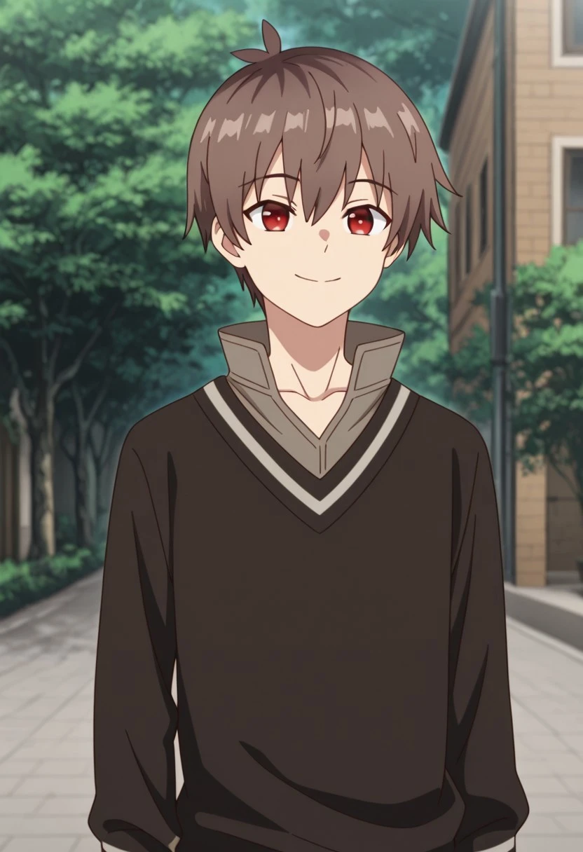 masterpiece,best quality,amazing quality, source_anime,
areprt, 1boy, male focus, solo, red eye, brown hair, collarbone, brown shirt, high collar, brown sweater, long sleeves, smile, outdoor,