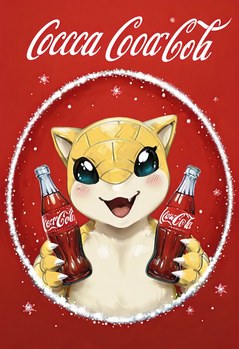 masterpiece, best quality, solo, zzSandshrew, , <lora:SandshrewPokedex_IXL:1.0>, ,smile, open mouth, upper body, :3, CocaColaSanta, solo, holding, bottle, red background, <lora:CocaColaSantaIXL_v2:1.0>,