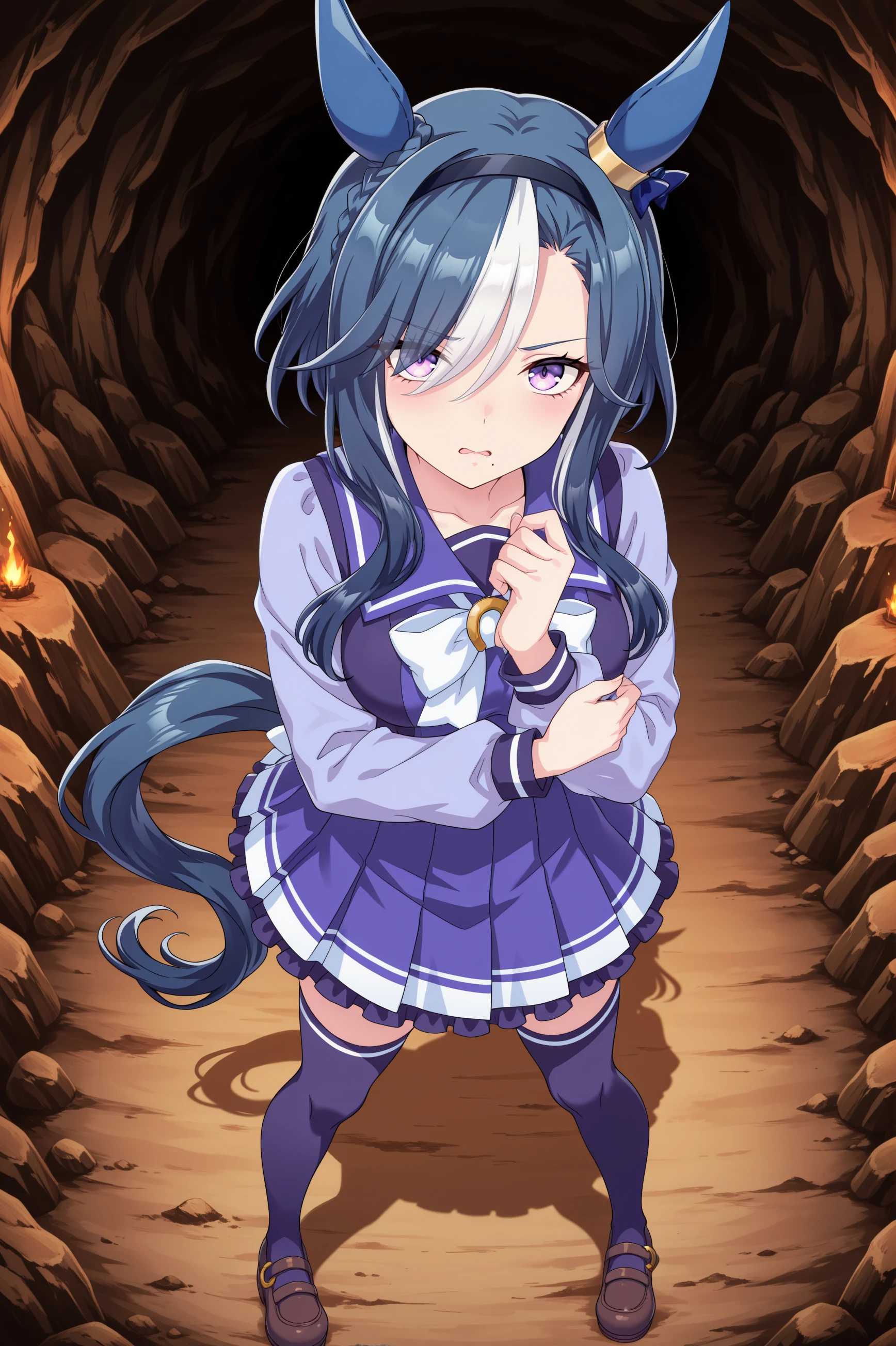 1girl, admire groove \(umamusume\), umamusume, animal ears, horse ears, horse girl, solo,
blue hair, purple eyes, multicolored hair, crown braid, ear covers, ear bow, medium breasts, white hair, two-tone hair, streaked hair, ear ornament, black hairband, medium hair, mole under mouth, blue bow, short hair with long locks, eyes visible through hair, hair over one eye,
<lora:admiregroove_Illust_v1:0.6>
tracen school uniform, long sleeves, purple skirt, winter uniform, purple thighhighs,
from above, wide shot, looking at viewer, wavy mouth, parted lips,cave,
(masterpiece, best quality, newest, highres), (anime coloring:1.5), (anime screenshot:1.5)