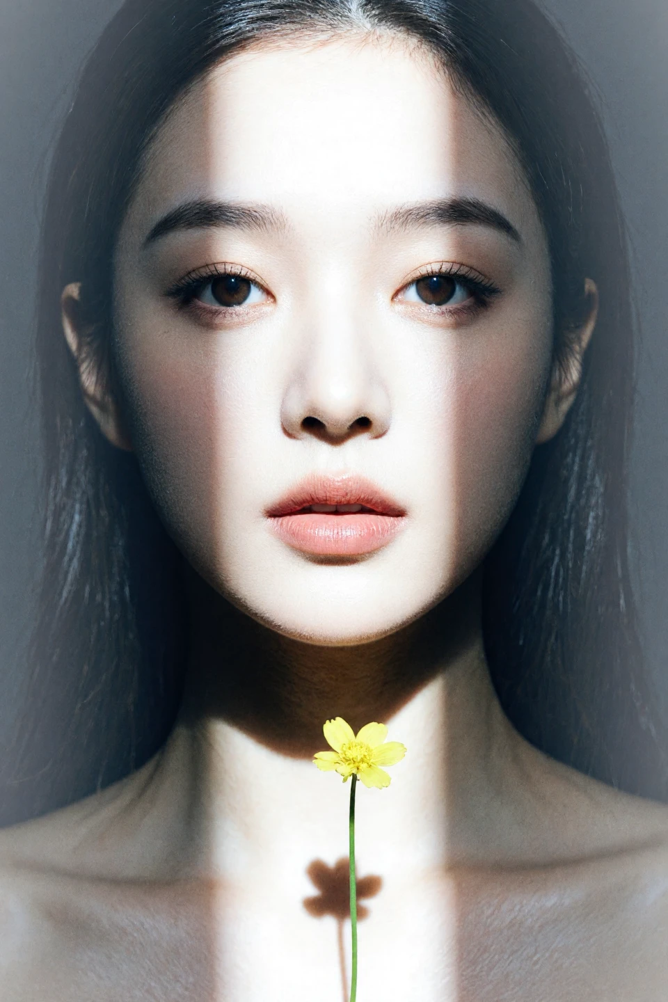 <lora:æè¾°AIâå
å½±å
³ç³»_F1:0.75> The image features an extreme close-up portrait of a young woman with fair skin and smooth, flawless complexion. Her face is softly illuminated by a narrow beam of sunlight that creates distinct shadows and highlights, emphasizing the contours of her forehead, nose, and cheek. Her large, almond-shaped brown eyes are slightly squinted as she gazes directly at the camera, framed by natural, thick eyebrows and subtly defined eyelashes. She has soft peach-toned eyeshadow and natural nude lipstick. A delicate yellow flower with a slender green stem is positioned just beneath her slightly parted lips, casting a sharp shadow along her chin. Her dark hair is pulled back, mostly out of frame, enhancing the focus on her facial features. The background is deep black, making the interplay of light and shadow on her face even more dramatic and visually striking. The overall mood is serene, intimate, and ethereal, emphasizing natural beauty and the artistry of light.