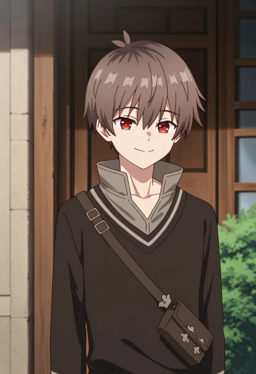 masterpiece,best quality,amazing quality, source_anime,
areprt, 1boy, male focus, solo, red eye, brown hair, collarbone, brown shirt, high collar, brown sweater, long sleeves, smile, outdoor, shoulder pouch,