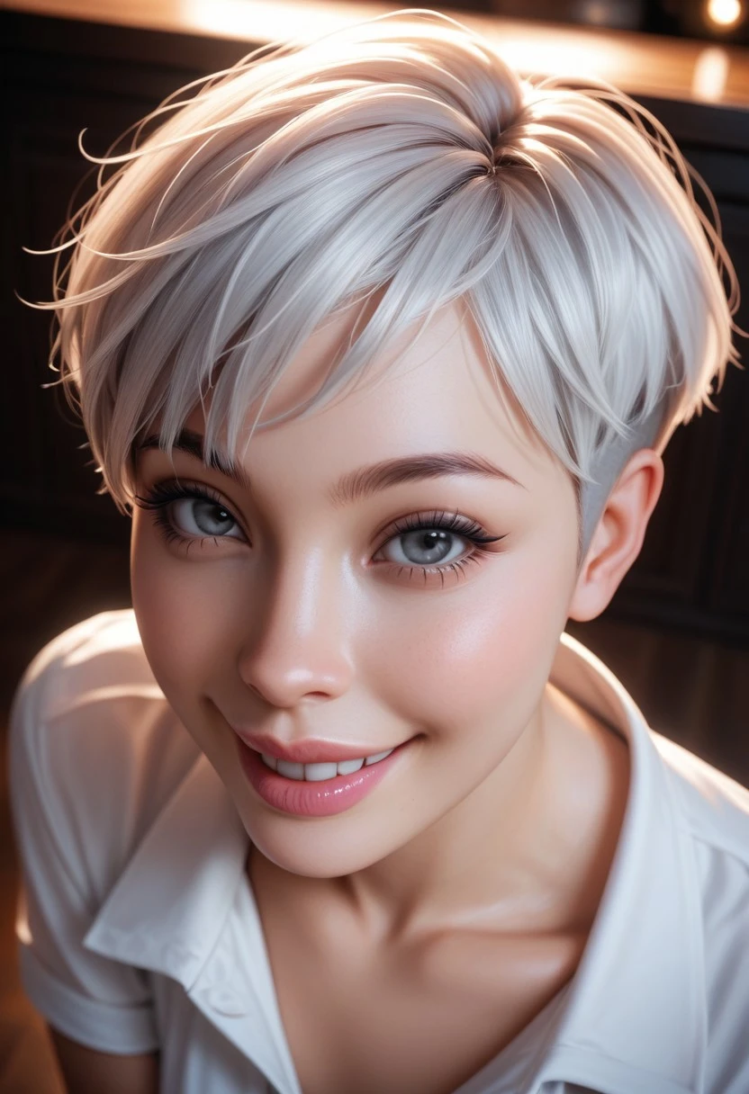 score_9, score_8_up, score_7_up, realistic,
1girl, solo, MiaS, white hair, pixie cut hair, short hair, black eyeliner classic, gray eyes, seductuve smile, pink lips, white shirt, face focus (close-up:1.3), from above, standing, dark room, cafe background, during by night,