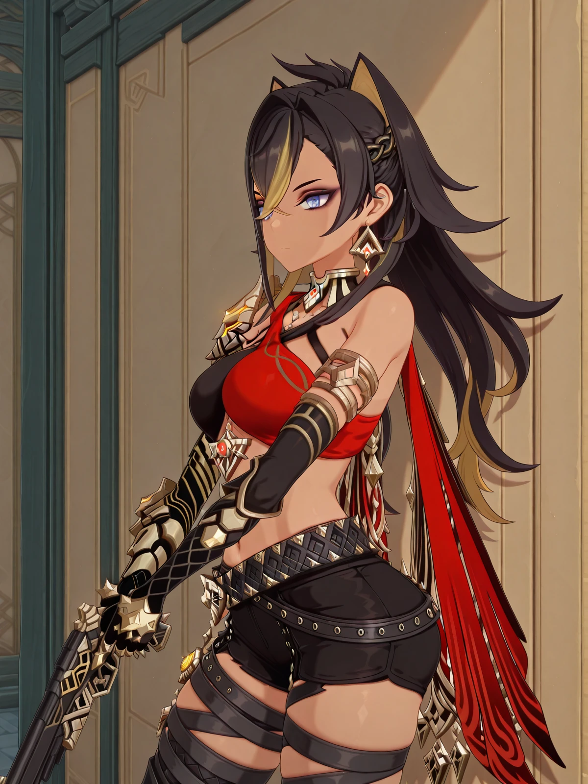 masterpiece, best quality, amazing quality,, <lora:genshin-dehya-ingame-illustriousxl-lora-nochekaiser:1>, dehya, dehya (genshin impact), long hair, bangs, blue eyes, blonde hair, black hair, hair between eyes, multicolored hair, dark skin, dark-skinned female, streaked hair, animal ears, cat ears, crossed bangs, mature female, breasts, 3d,, <lora:holding-gun-against-wall-illustriousxl-lora-nochekaiser:1>, holding gun against wall, solo, holding, closed mouth, standing, holding weapon, gun, holding gun, against wall, looking to the side, wall, cowboy shot,, , ,