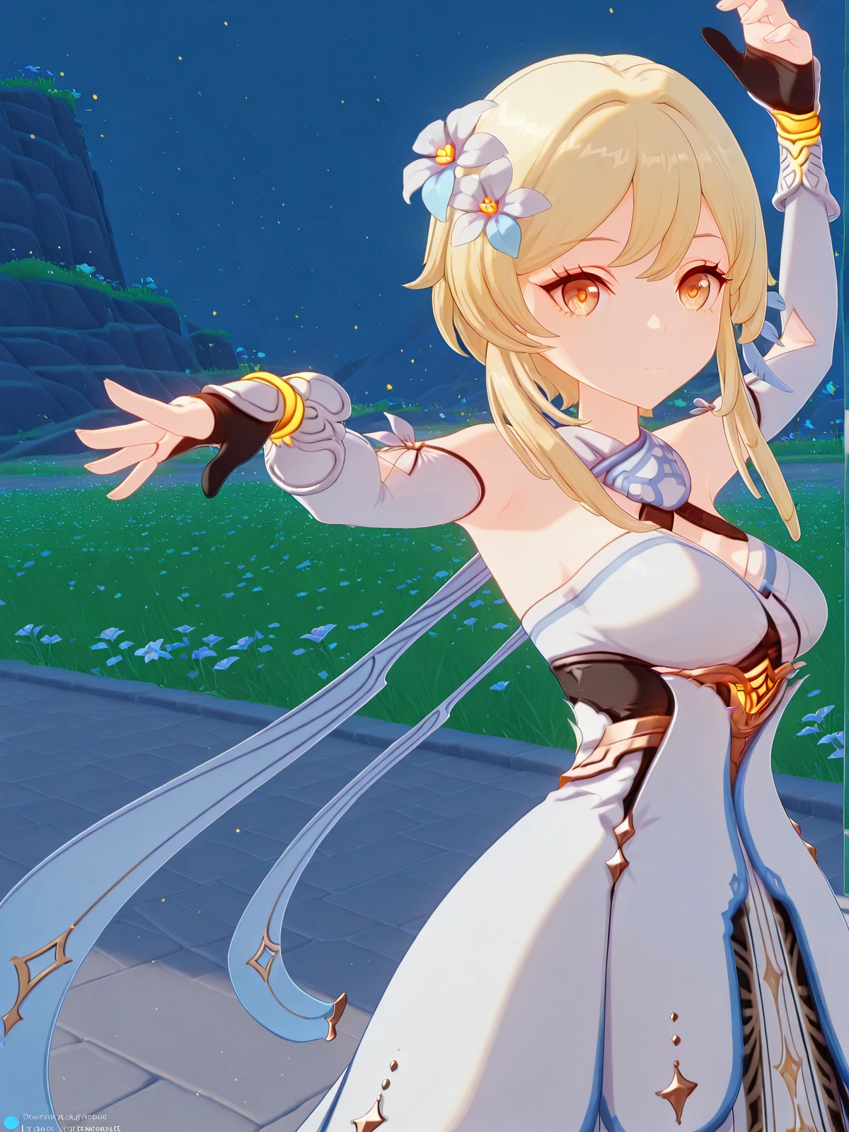 masterpiece, best quality, amazing quality,, <lora:genshin-lumine-ingame-illustriousxl-lora-nochekaiser:1>, lumine, lumine (genshin impact), bangs, blonde hair, hair ornament, hair between eyes, yellow eyes, flower, hair flower, feather hair ornament, mature female, medium breasts, 3d,, <lora:elsa-pose-illustriousxl-lora-nochekaiser:1>, elsa pose, solo, looking at viewer, arm up, hand up,, , ,