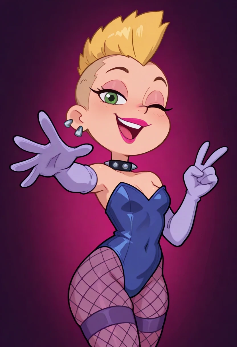 amazing quality, highres, masterpiece, best quality, 1girl, solo, 2D, flat, parody, style accurate, style parody,

TinkPnF, blonde mohawk, emerald-green eyes, pink lipstick, black spiked choker, multiple earrings, lavender shoulder-length gloves, fishnet stockings, blue leotard,

looking at viewer, outstretched arm, v, hand up, reaching, reaching towards viewer, smile, one eye closed, open mouth,