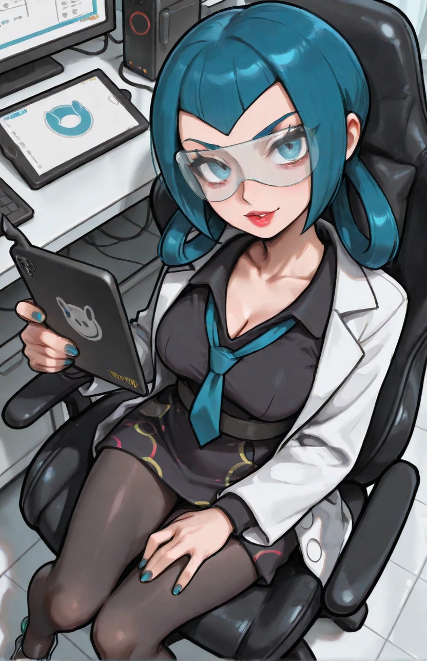 2d, masterpiece, best quality, amazing quality, highres, absurdres, newest, 1girl, solo, sitting, from above, dutch angle, looking at viewer, day, laboratory, medium breasts, gaming chair, zamable, mable \(pokemon\), blue hair, bangs, hair rings, blue eyes, red lips, blue nails, safety glasses, collarbone, collared dress, black dress, blue necktie, labcoat, long sleeves, black pantyhose, black belt, shoes, two-tone shoes, grey foorwear, white footwear, high heels, tablet pc, floating tablet pc