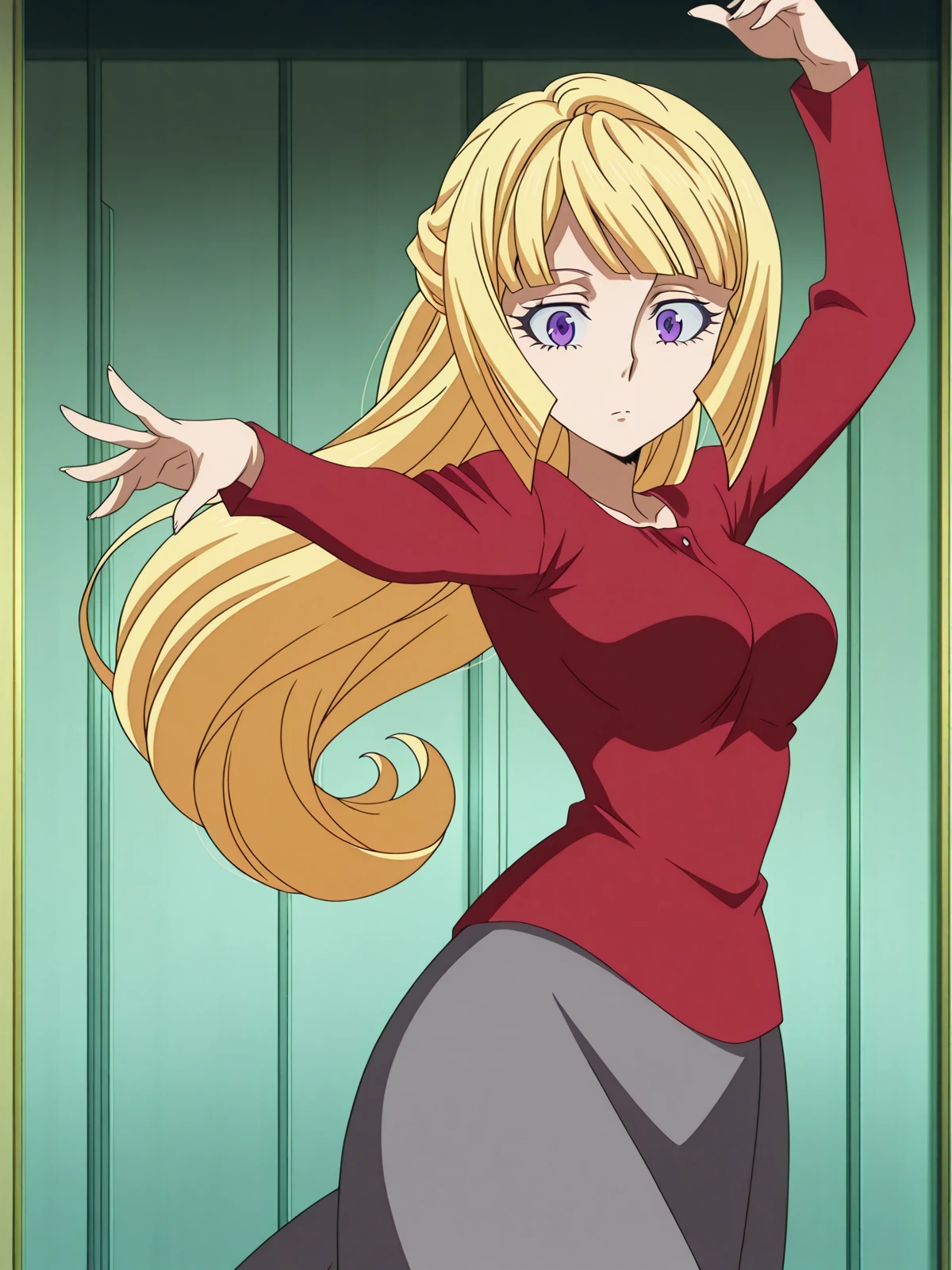 masterpiece, best quality, amazing quality,, <lora:kudelia-aina-bernstein-anime-illustriousxl-lora-nochekaiser:1>, kudelia aina bernstein, purple eyes, long hair, blonde hair, bangs, blunt bangs, sidelocks, mature female, medium breasts, anime screencap, <lora:elsa-pose-illustriousxl-lora-nochekaiser:1>, elsa pose, solo, looking at viewer, arm up, hand up,, , ,