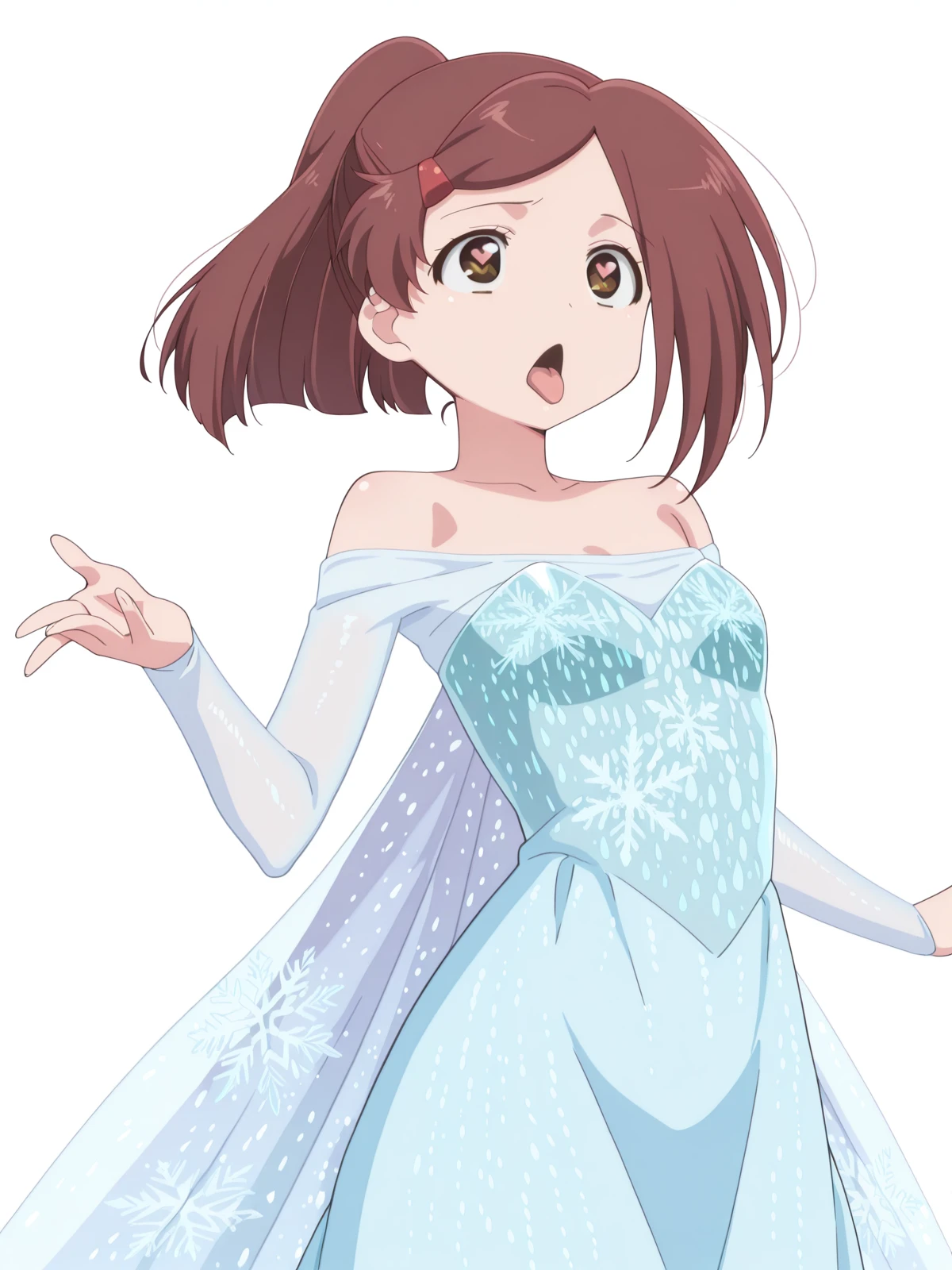 masterpiece, best quality, amazing quality,, <lora:ako-suminoe-ova-illustriousxl-lora-nochekaiser:1>, ako suminoe, suminoe ako, short hair, brown hair, hair ornament, brown eyes, ponytail, hairclip, mature female, small breasts, anime screencap, <lora:elsa-frozen-cosplay-illustriousxl-lora-nochekaiser:1>, elsa frozen cosplay, elsa (frozen) (cosplay), solo, dress, bare shoulders, off shoulder, blue dress, snowflakes, snowflake print, strapless, strapless dress, cape, <lora:dynamic-pose-illustriousxl-lora-nochekaiser:1>, dynamic pose, incoming attack, cowboy shot, ahegao,heart_shaped_pupils,tongue_out, , <lora:transparent-background-illustriousxl-lora-nochekaiser:1>, transparent background, simple background, white background, ,