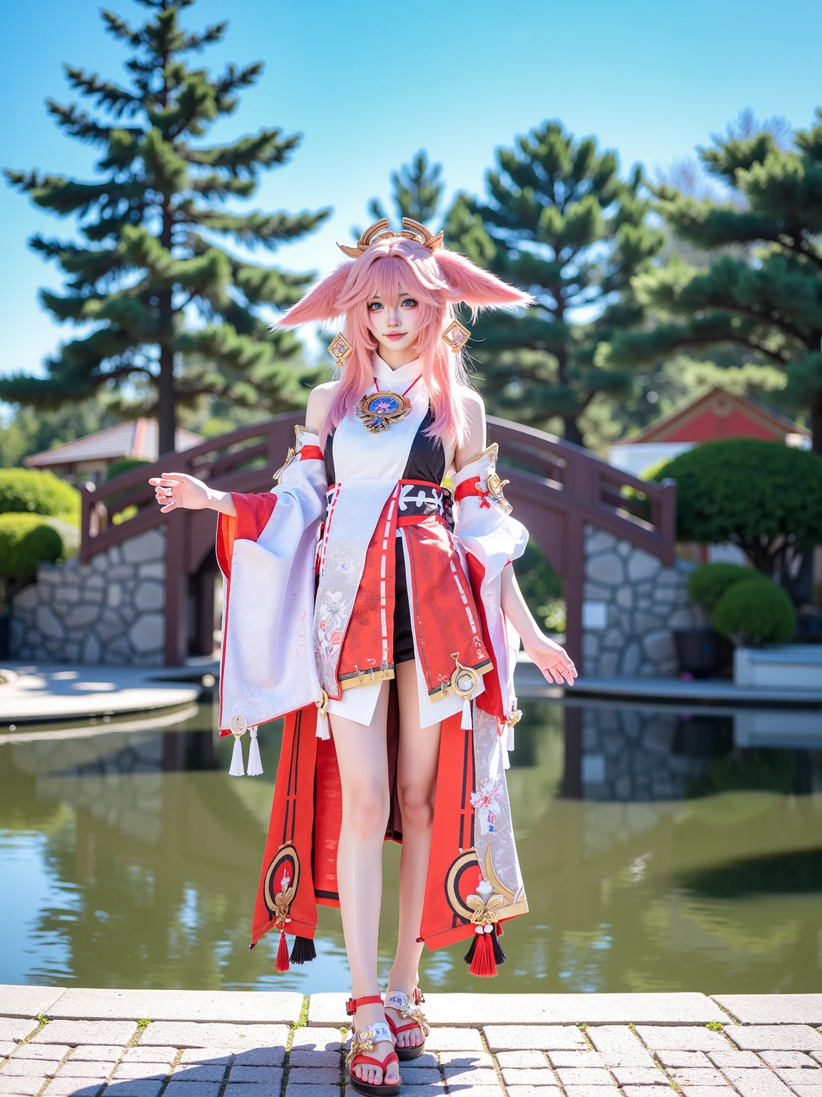 A realistic photo of a slender beautiful young woman in cyb-yaemiko cosplay costum. She is also wearing sandals. She has pink hair with fox ears and hair ornament.
The scene is A serene Japanese garden with a koi pond, arched wooden bridge, and manicured pine trees, reflections of the blue sky shimmering on the water’s surface, the sound of cicadas in the summer air.
The photo is a full body shot with her entire body visible and with intricate details scene.
