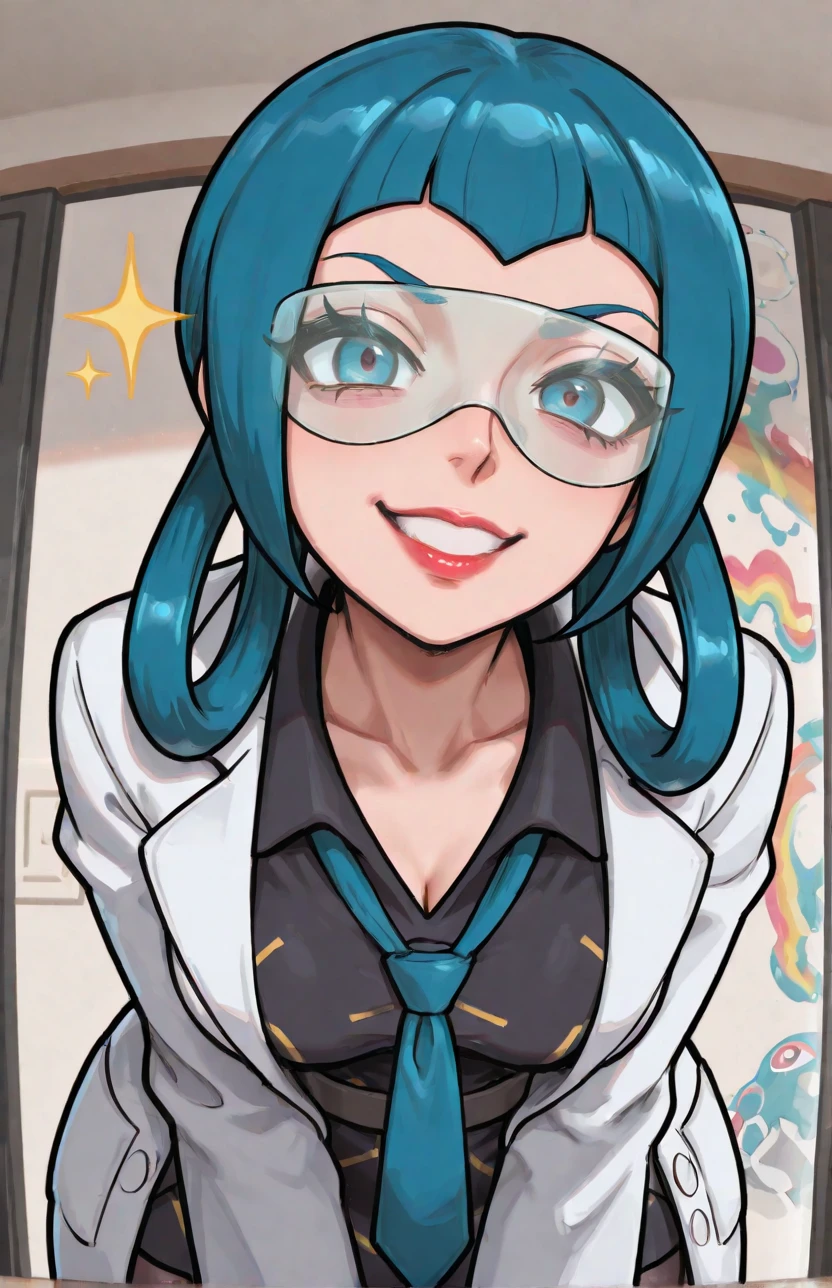 [[hinosaki, leveen]], 2d, masterpiece, best quality, amazing quality, 1girl, solo, close-up, standing, smile, upper body, leaning_forward, looking at viewer, multicolored background, sparkle, rainbow background, colorful background, masterpiece, best quality, amazing quality, highres, absurdres, newest, zamable, mable \(pokemon\), blue hair, bangs, hair rings, blue eyes, red lips, blue nails, safety glasses, collarbone, collared dress, black dress, blue necktie, labcoat, long sleeves, black pantyhose, black belt