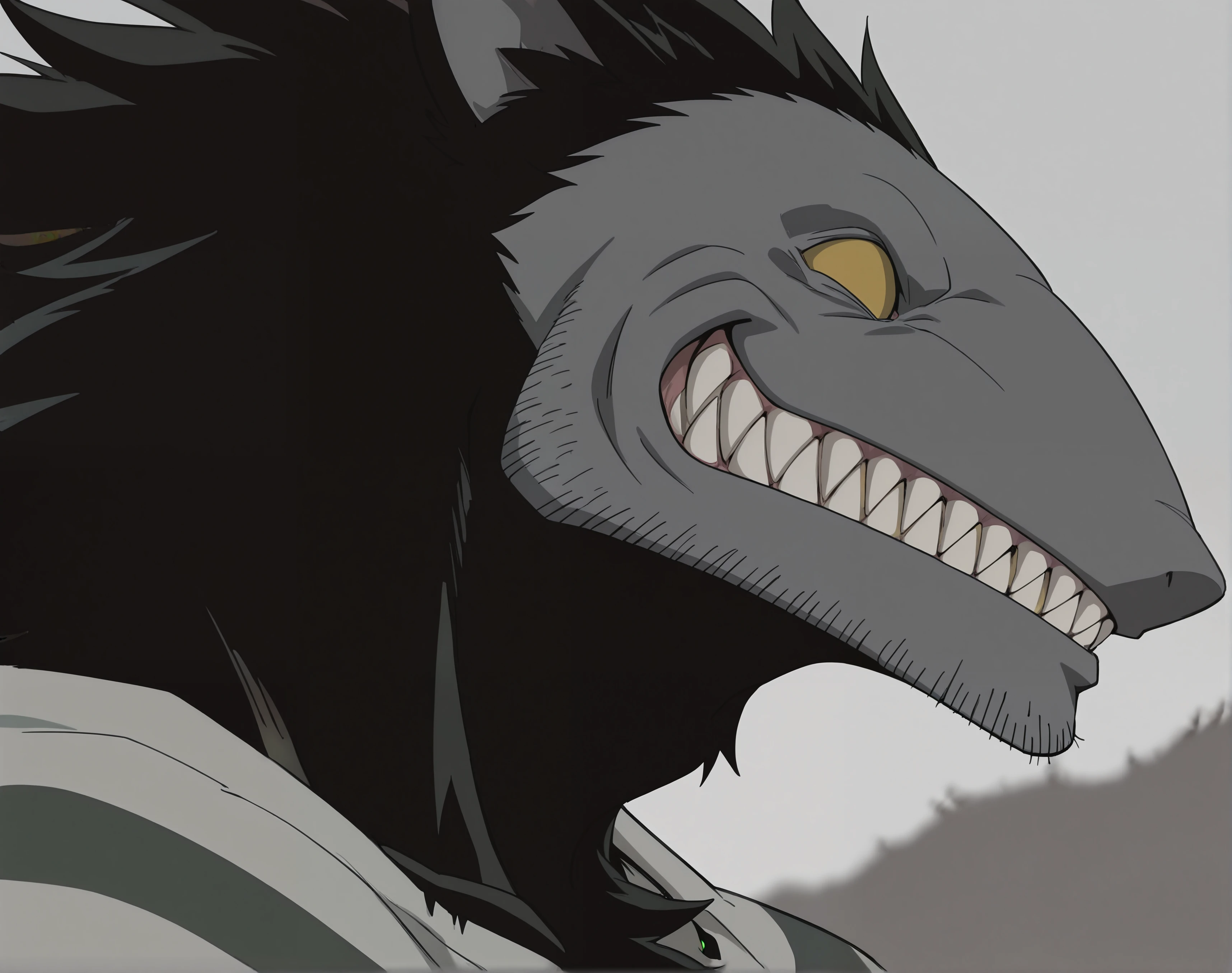 masterpiece, best quality, perfect quality, very awa, absurdres, newest, very aesthetic, absolutely eye-catching, intricate details, 1boy, male,
close up, portrait, ((words 'no future' above left eye)), side view, grin, smirk,blurry background, grey background,
fr33, sharp teeth, fur, pointed ears, black skin, (yellow sclera), thick neck, stubble, stripped shirt, solid color eye, ((no iris, no pupil))
<lora:Free for Illustrious:1>