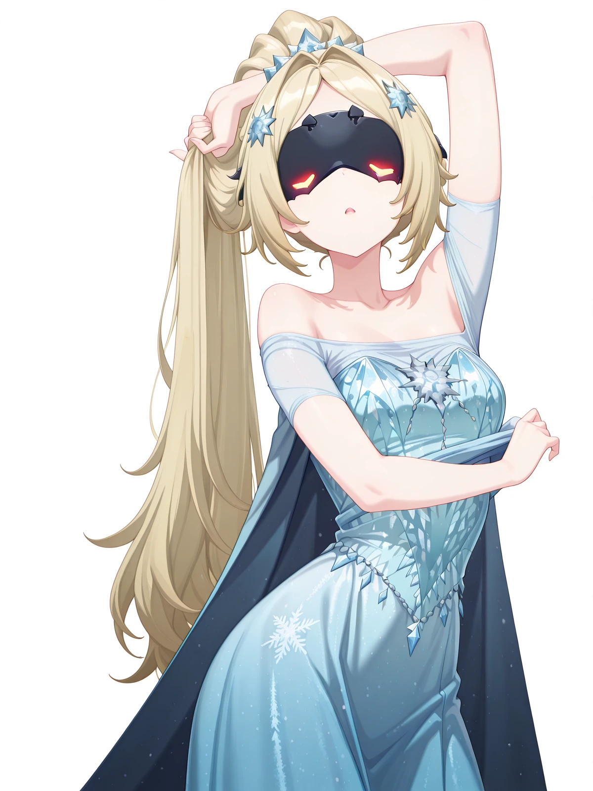 masterpiece, best quality, amazing quality,, <lora:zzz-trigger-ingame-illustriousxl-lora-nochekaiser:1>, trigger, trigger (zenless zone zero), blonde hair, covered eyes, eye mask, hair intakes, hair ornament, long hair, parted bangs, ponytail, very long hair, mature female, small breasts, 3d, <lora:elsa-frozen-cosplay-illustriousxl-lora-nochekaiser:1>, elsa frozen cosplay, elsa (frozen) (cosplay), solo, dress, bare shoulders, off shoulder, blue dress, snowflakes, snowflake print, strapless, strapless dress, cape, <lora:senjougaharahitagi-arm-up-pose-illustriousxl-lora-nochekaiser:1>, senjougaharahitagi arm up pose, solo, looking at viewer, open mouth, cowboy shot, parted lips, arm up, shirt lift, holding hair,, surprised, open mouth, <lora:transparent-background-illustriousxl-lora-nochekaiser:1>, transparent background, simple background, white background, ,