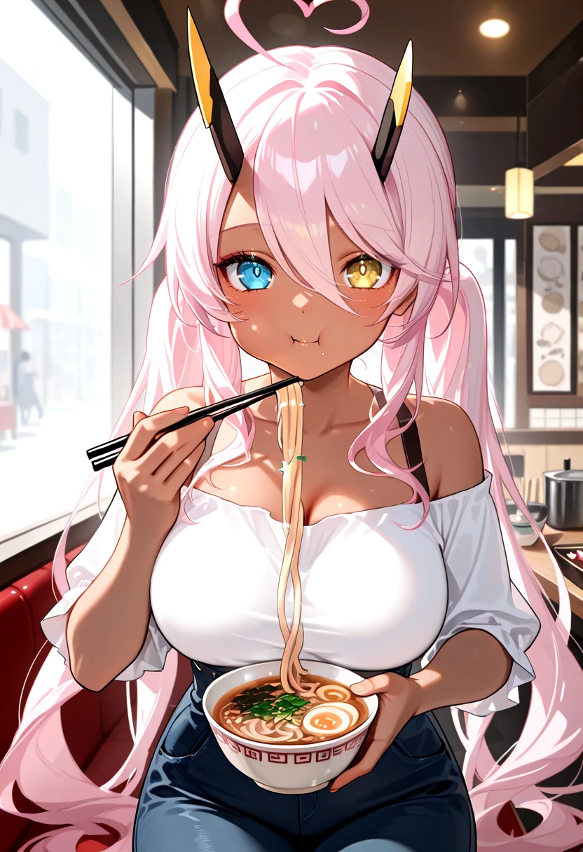 masterpiece, best quality, looking at viewer, :t, 1girl,large breasts,   casual,brown off-shoulder shirt, high-waist pants, pantyhose, holding chopsticks, eating, indoors, restaurant, bowl, noodles <lora:Tyber_Indianpolis_AL_NAI:1> indidef, very long hair, light pink hair, heart ahoge, side ponytails, low twintails, heterochromia, blue eyes,yellow eyes,mechanical horns, ,dark skin, dark-skinned female
