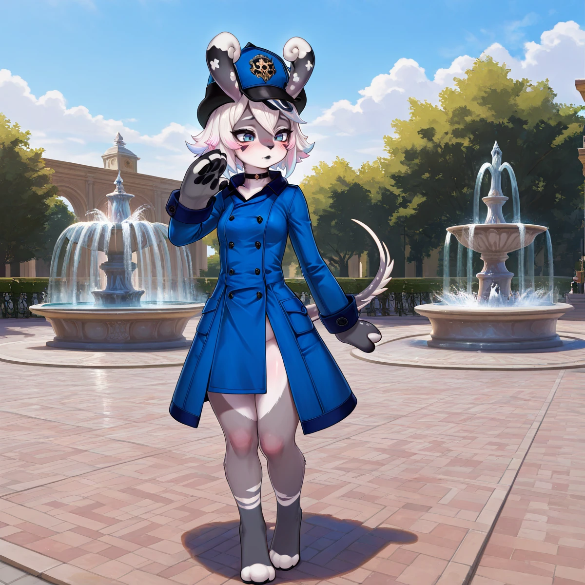 masterpiece, best quality, amazing quality, absurdres, very detailed,
standing, saluting, full body, solo,Opera epiclese,
Fontaine, outdoors, fountain,
Cinny,short hair, jewelry, white hair, multicolored hair, choker, striped, black eyes, blue eyes, collar, facial mark, black lipstick, animal hands,
melusine, curly ears, thin tail, blush, blue coat, hat, grey fur,
<lora:Cinny_-_AeriytheNeko_-_illustrious:0.5>, <lora:MelusineIllustrious-V1:0.8>