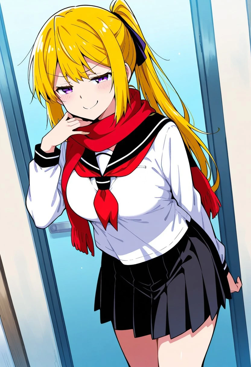 Masterpiece, top quality, amazing quality, Score_9, Score_8_up, Score_7_up, core_9, Score_8_up, Score_7_up, 1 mature female, alone, , Alone, Original anime,1 girl, long hair, blonde hair, medium breast, ponytail (purple eyes: 1.1), skirt, pleated skirt, serafuku, black skirt, shirt, white shirt, sailor collar, black sailor collar, long sleeves, scarf, red scarf, smug smile, standing