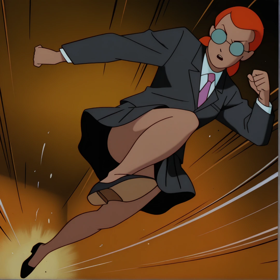 <lora:batman_pony_v1:0.7>, cartoon, flat colors, <lora:Batman_TAS_-_Mariam:0.8>, m4ri4m,
1girl, solo,
action background, speedlines,
orange hair, short hair,
glasses, V-shaped eyebrows,
midair, kick, perspective, ((((incoming kick))),
full body,
tie, skirt, suit,
