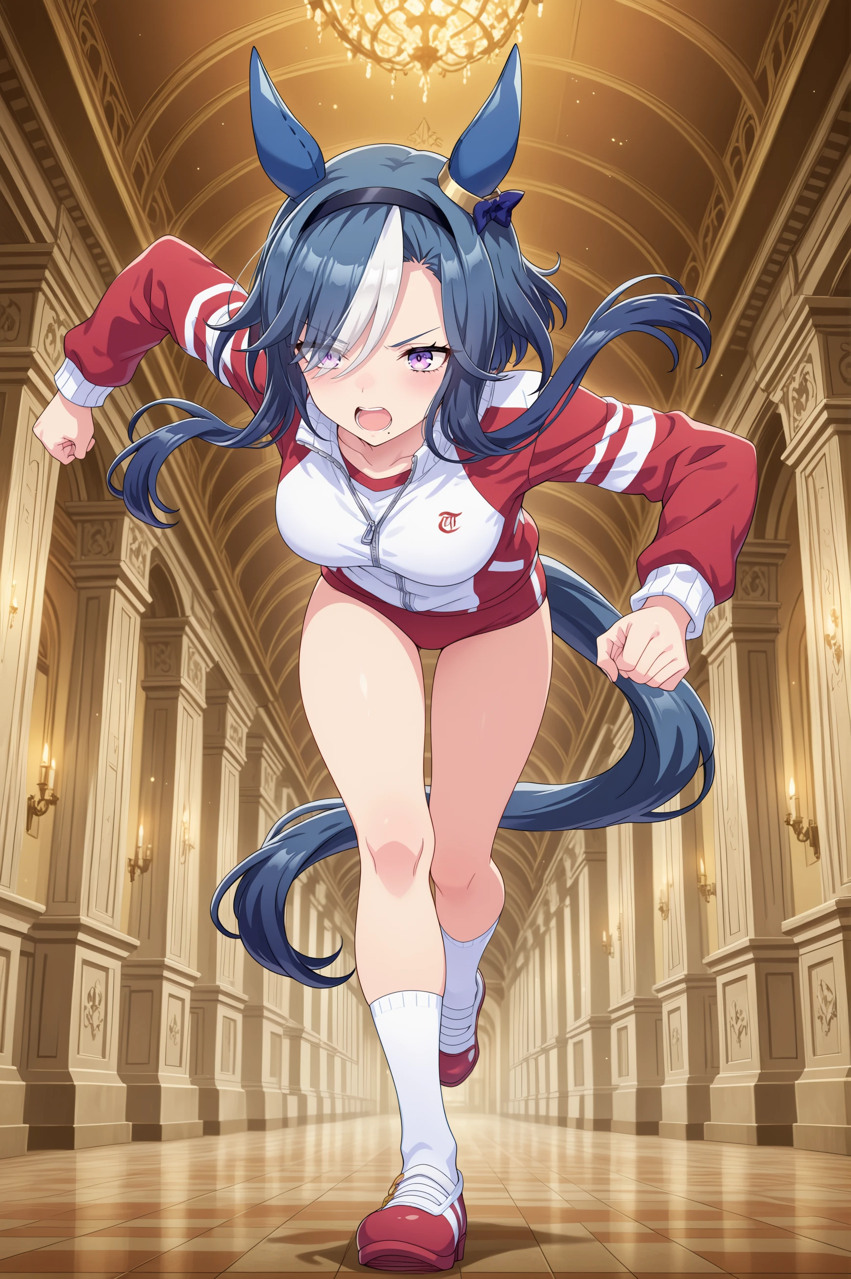 1girl, admire groove \(umamusume\), umamusume, animal ears, horse ears, horse girl, solo,
blue hair, purple eyes, multicolored hair, crown braid, ear covers, ear bow, medium breasts, white hair, two-tone hair, streaked hair, ear ornament, black hairband, medium hair, mole under mouth, blue bow, short hair with long locks, eyes visible through hair, hair over one eye,
<lora:admiregroove_Illust_v1:0.6>
tracen training uniform,red jacket ,track jacket ,long sleeves, red buruma, running,
ceiling, full body, looking down, scowl, open mouth,Rome city,
(masterpiece, best quality, newest, highres), (anime coloring:1.5), (anime screenshot:1.5)