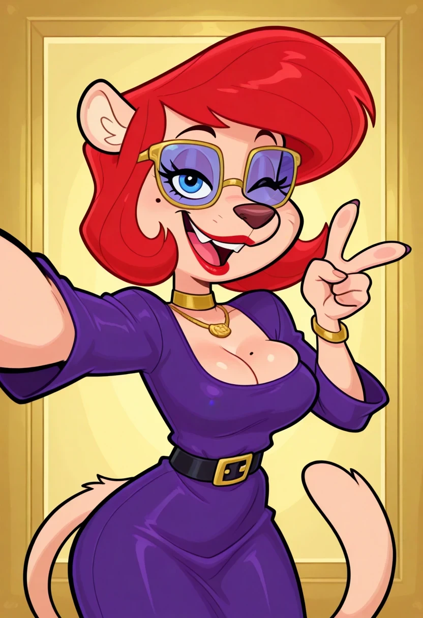 amazing quality, highres, masterpiece, best quality, 1girl, solo, 2D, flat, parody, style accurate, style parody,

CountingCougar, Slender physique, shapely figure, Anthropomorphic cougar, feline, black snout, prominent nose, Voluminous red auburn shoulder-length bob hair, Blue eyes, rectangular purple-tinted glasses, mole, beauty mark, prominent eyelashes, wide smile, red lips, gold choker necklace, short Form-fitting long-sleeved purple belted dress, tail, cleavage, gold bracelets, black belt with gold square buckle, smile, pointy teeth,

looking at viewer, outstretched arm, v, hand up, reaching, reaching towards viewer, smile, one eye closed, open mouth,