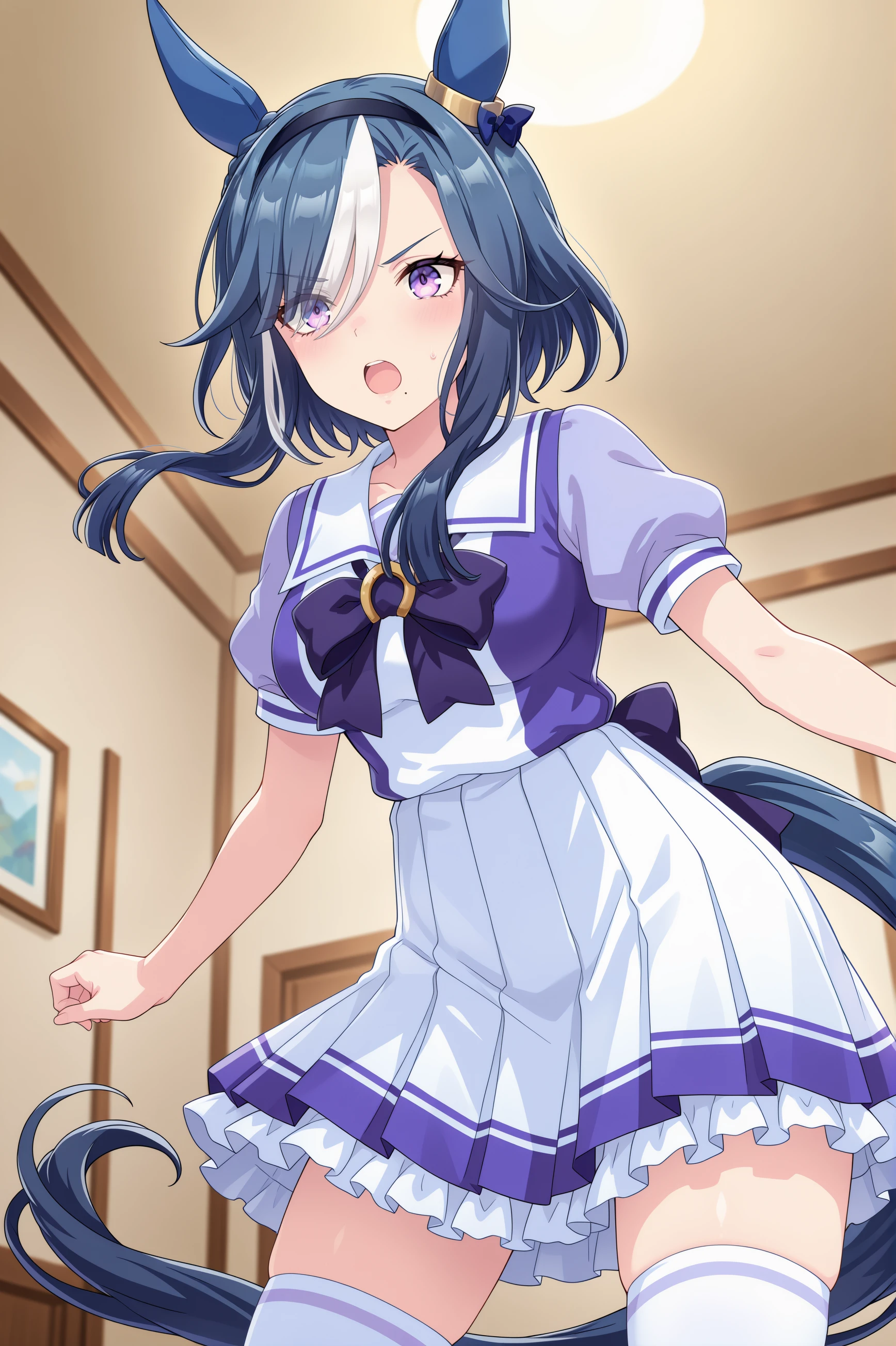 1girl, admire groove \(umamusume\), umamusume, animal ears, horse ears, horse girl, solo,
blue hair, purple eyes, multicolored hair, crown braid, ear covers, ear bow, medium breasts, white hair, two-tone hair, streaked hair, ear ornament, black hairband, medium hair, mole under mouth, blue bow, short hair with long locks, eyes visible through hair, hair over one eye,
<lora:admiregroove_Illust_v1:0.6>
tracen school uniform, short sleeves, white thighhighs, white skirt, summer uniform,
from below, cinematic angle, looking ahead, v-shaped eyebrows, open mouth,settlement,
(masterpiece, best quality, newest, highres), (anime coloring:1.5), (anime screenshot:1.5)
