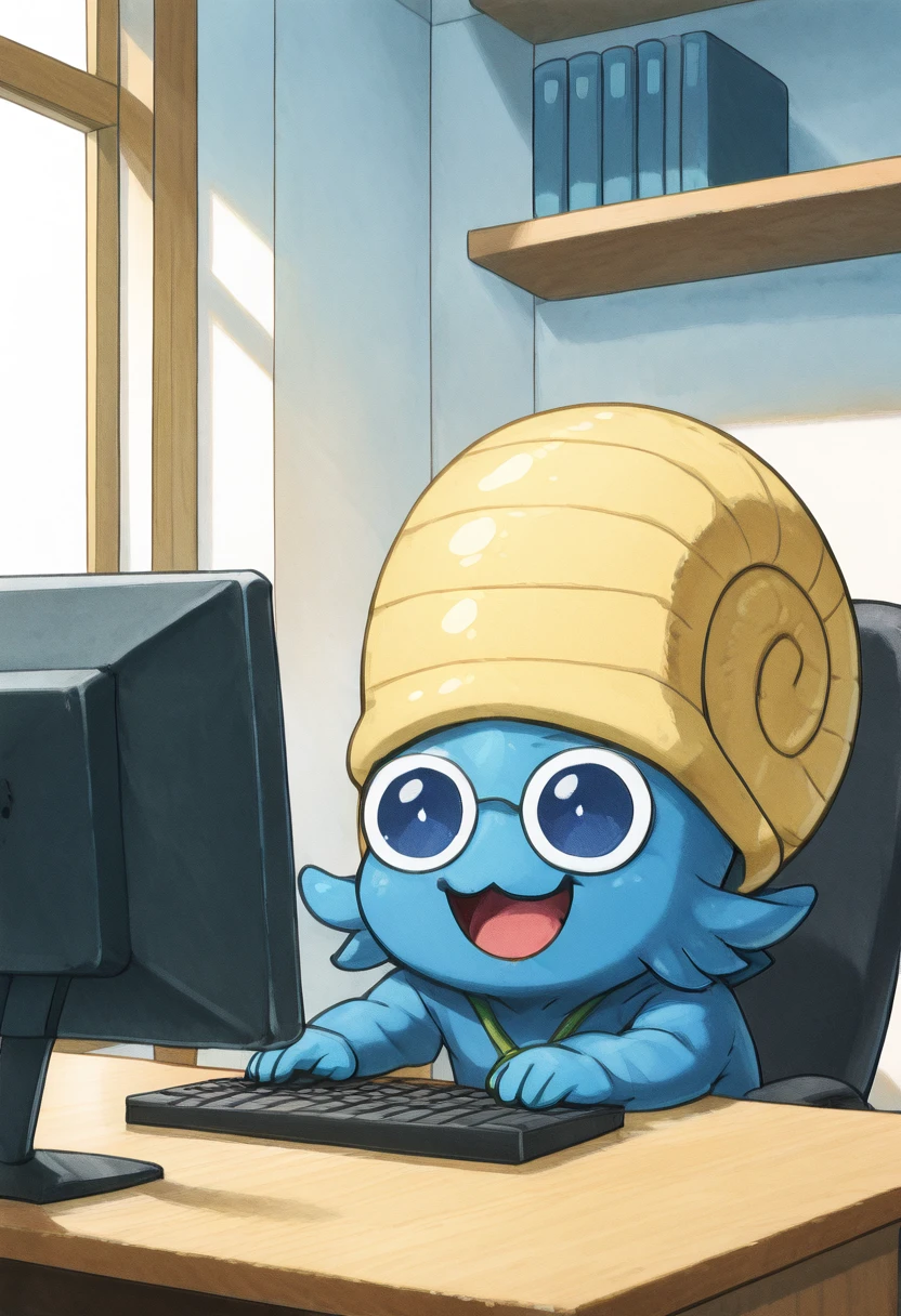 masterpiece, best quality, zzOmanyte, <lora:OmanytePokedex_IXL:1.0>, ,smile, open mouth, upper body, :3, window, chair, facing viewer, desk, computer, monitor, on chair, keyboard (computer), office , <lora:CitronLegacy_IXL:1.0>,