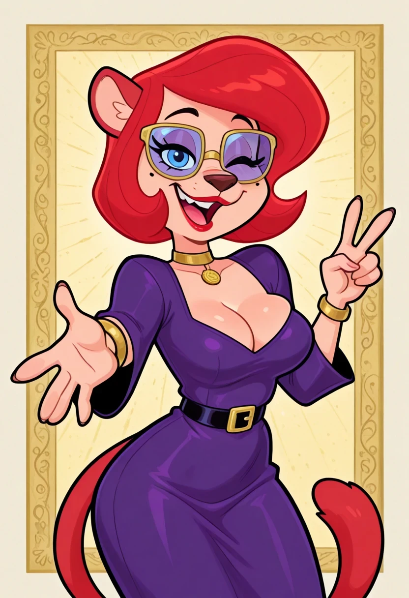 amazing quality, highres, masterpiece, best quality, 1girl, solo, 2D, flat, parody, style accurate, style parody,

CountingCougar, Slender physique, shapely figure, Anthropomorphic cougar, feline, black snout, prominent nose, Voluminous red auburn shoulder-length bob hair, Blue eyes, rectangular purple-tinted glasses, mole, beauty mark, prominent eyelashes, wide smile, red lips, gold choker necklace, short Form-fitting long-sleeved purple belted dress, tail, cleavage, gold bracelets, black belt with gold square buckle, smile, pointy teeth,

looking at viewer, outstretched arm, v, hand up, reaching, reaching towards viewer, smile, one eye closed, open mouth,
