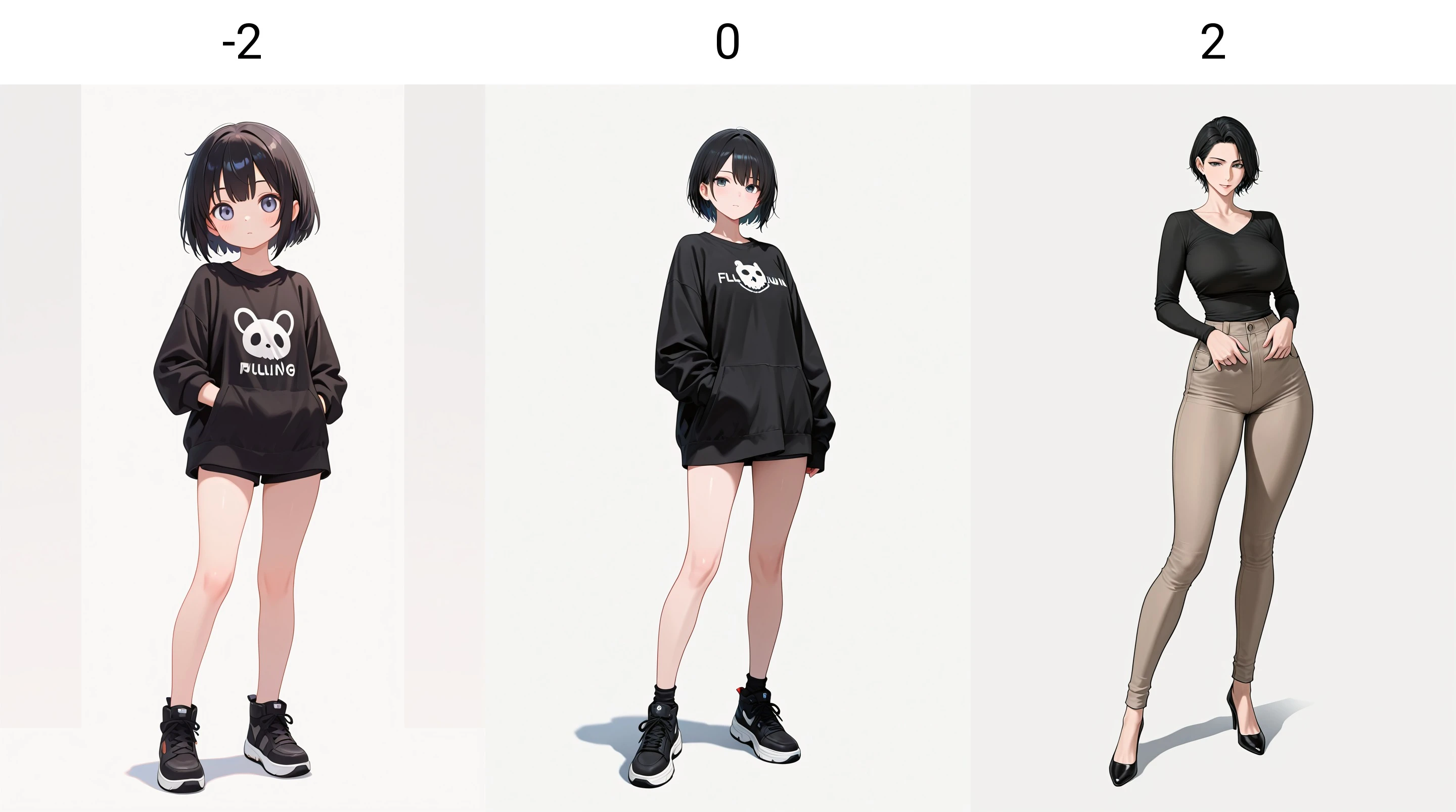 masterpiece,best quality,absurdres,
1girl,solo,black short hair,casual,fullbody,standing,looking at viewer,white background,simple backgorund , 
 <lora:heightRatioSliderIllustrious:-2>