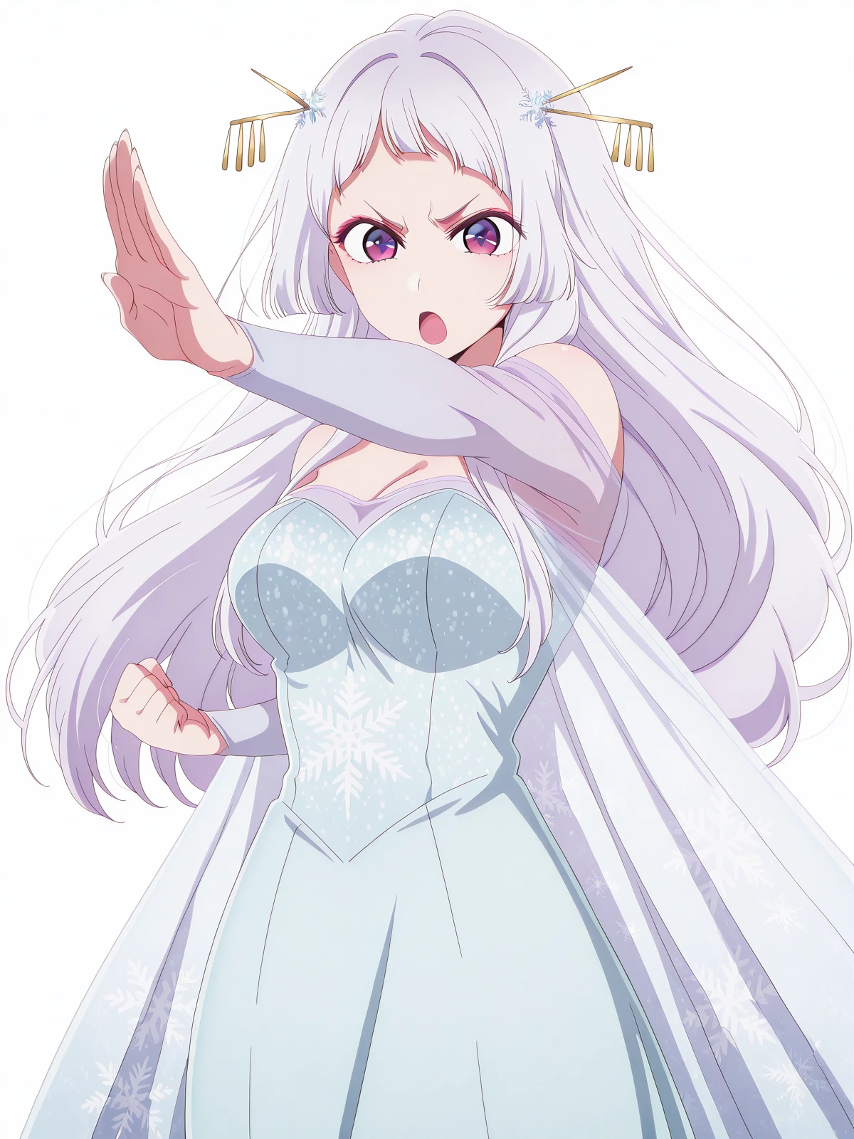 masterpiece, best quality, amazing quality,, <lora:akane-kurokawa-s1s2-illustriousxl-lora-nochekaiser:1>, sayahime, long hair, bangs, hair ornament, purple eyes, white hair, hair stick, mature female, large breasts, anime screencap, <lora:elsa-frozen-cosplay-illustriousxl-lora-nochekaiser:1>, elsa frozen cosplay, elsa (frozen) (cosplay), solo, dress, bare shoulders, off shoulder, blue dress, snowflakes, snowflake print, strapless, strapless dress, cape, <lora:henshin-pose-illustriousxl-lora-nochekaiser:1>, henshin pose, solo, looking at viewer, clenched hand, hands up, serious, open mouth, cowboy shot,, >_<, , <lora:transparent-background-illustriousxl-lora-nochekaiser:1>, transparent background, simple background, white background, ,