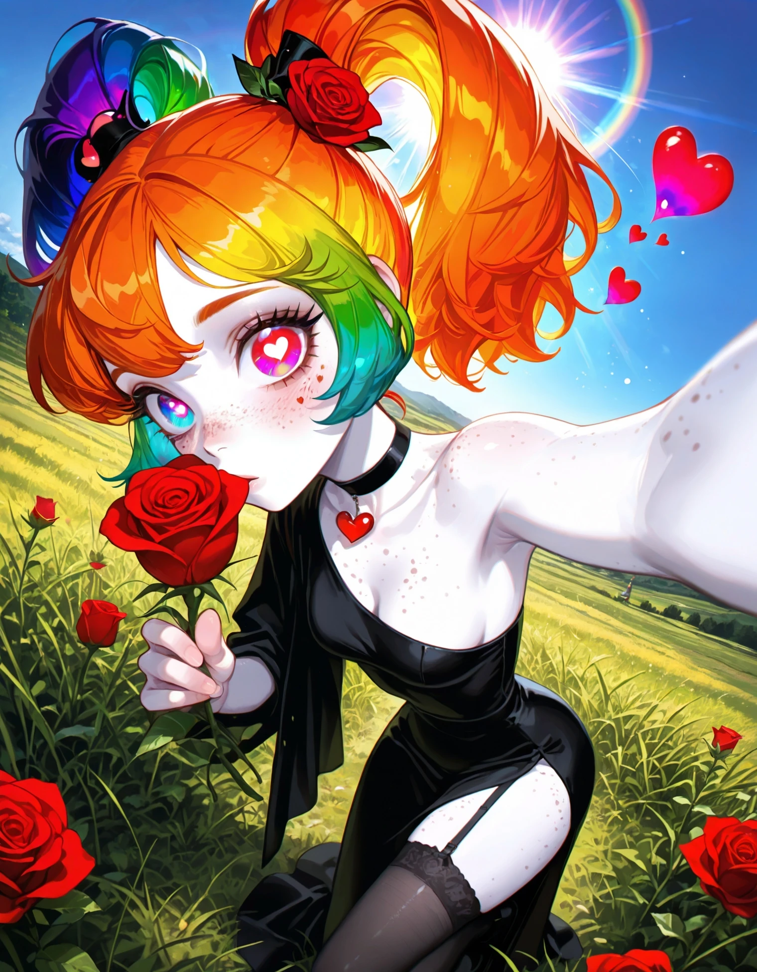 <lora:Ultra Lora Detailer and Glow>,1girl,Rainbow hair,Black (cloth:1.2),Violet lighting,(glow:1.2),pale skin,realism,nostalgia,side view,Choker heart,chromatic aberation,Narrow waist,stockings,cutewoman,(red rose:1.3),pale skin,(detail:1.3),orange hair,heart eyes,Narrow waist,ears,on background blue sky,sun,lighting,Black cloth,freckles,heterochromia,vignette,(radial blur:1.2),Selfie,focus blur,field grass,