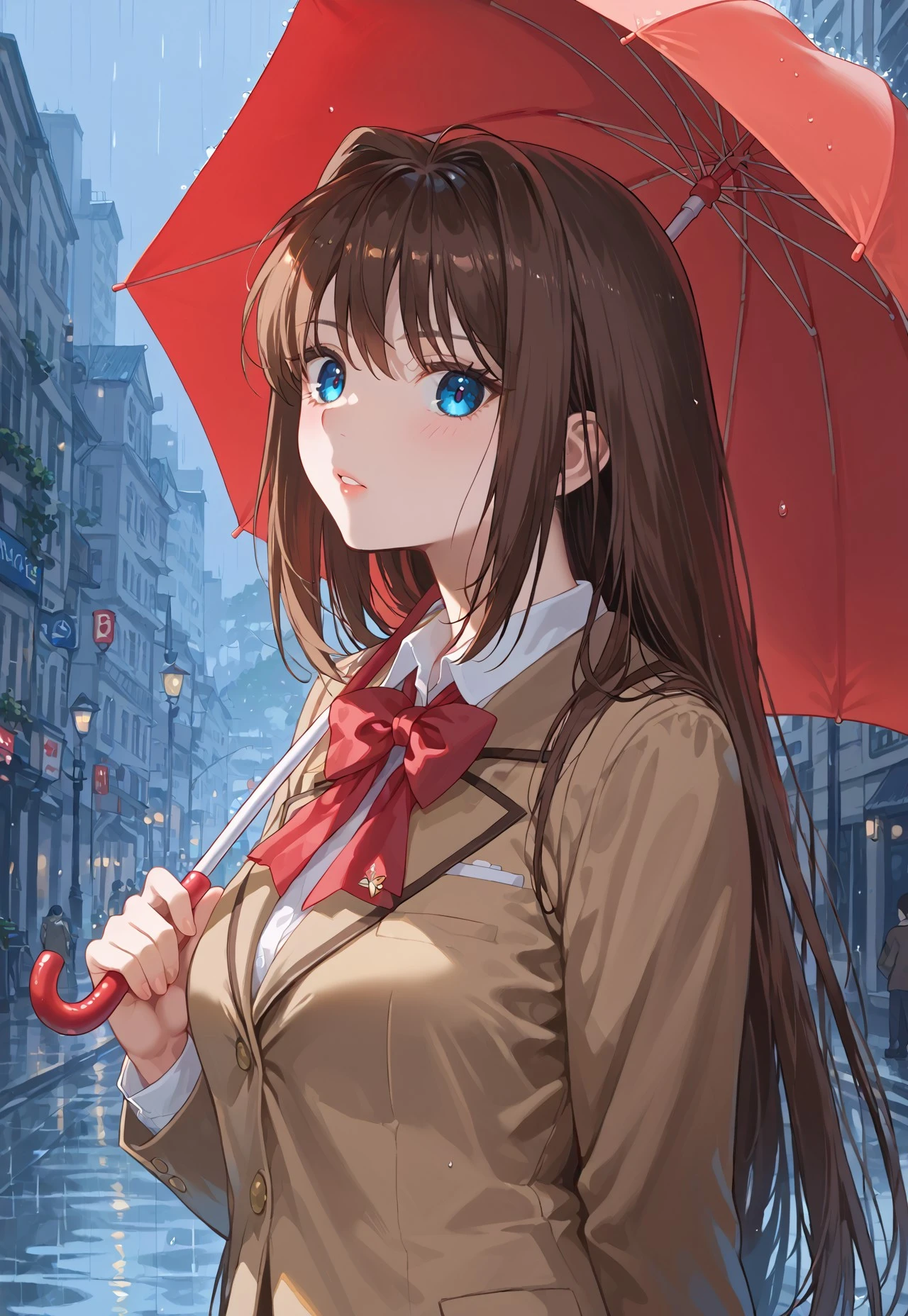 score_9, score_8_up, score_7_up,source_anime,, Expressiveh, zPDXL3, sinfully stylish, dramatic lighting, soft light, long shadows, ultra-detailed, masterpiece, very aesthetic, absurdres, perfect quality, absolutely eye-catching, best quality, intricate details, high-res, 1girl, blue eyes, brown hair, hair intakes, long hair, large breasts , brown jacket, school uniform, bow, red umbrella, looking at viewer, rain, holding umbrella in hand, street background