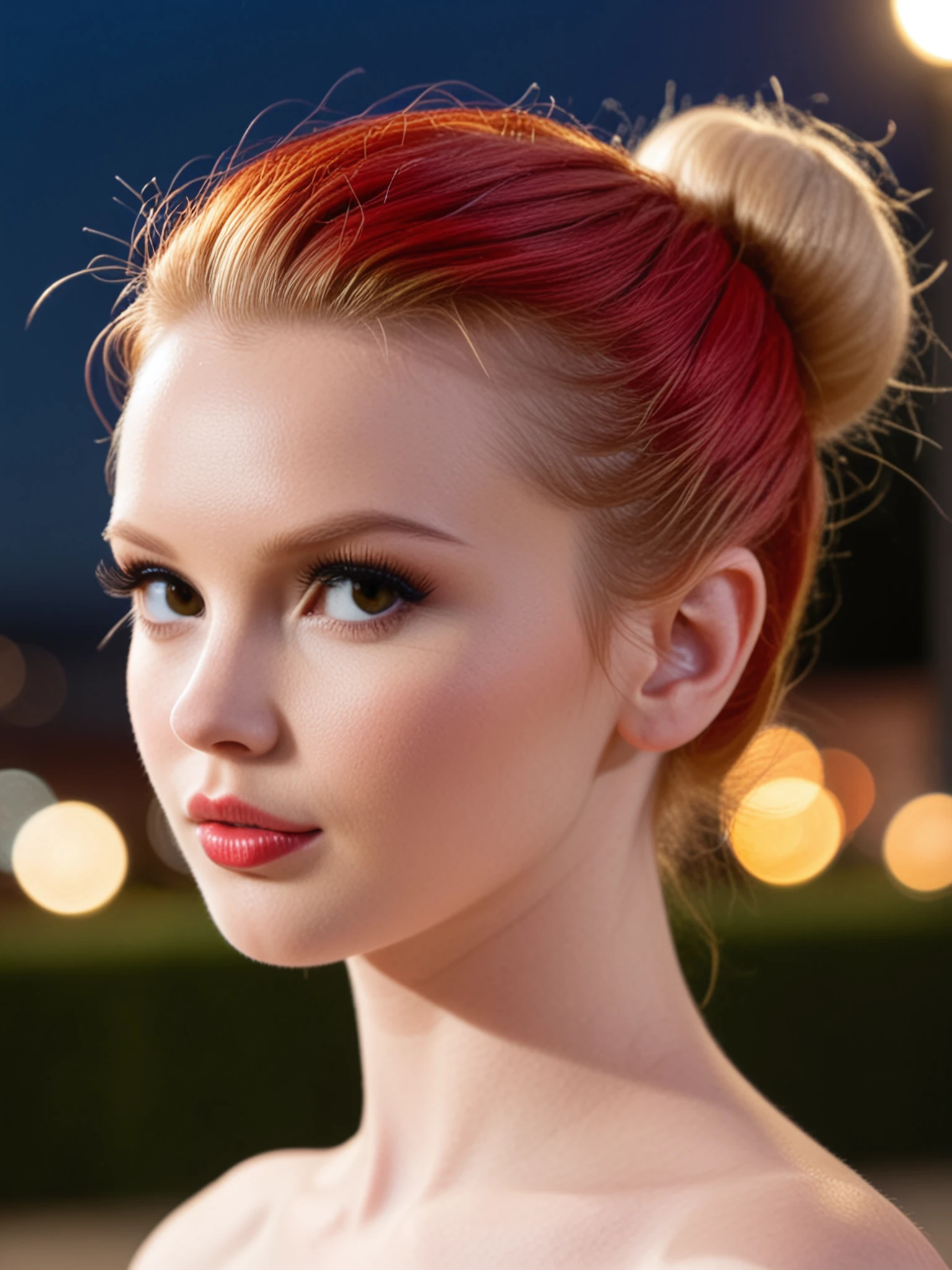 sv-audra, face focus, hair in bun, red hair, blonde hair, full lips, eyelashes, skin details, portrait, shallow depth of field, bokeh background, rim lighting, score_9, score_7