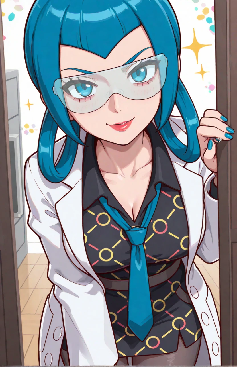 [[hinosaki, leveen]], 2d, masterpiece, best quality, amazing quality, 1girl, solo, close-up, standing, smile, upper body, leaning_forward, looking at viewer, multicolored background, sparkle, rainbow background, colorful background, masterpiece, best quality, amazing quality, highres, absurdres, newest, zamable, mable \(pokemon\), blue hair, bangs, hair rings, blue eyes, red lips, blue nails, safety glasses, collarbone, collared dress, black dress, blue necktie, white coat, long sleeves, black pantyhose, black belt