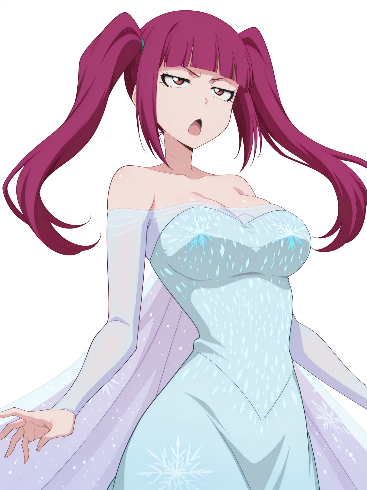 masterpiece, best quality, amazing quality,, <lora:riruka-dokugamine-anime-illustriousxl-lora-nochekaiser:1>, riruka dokugamine, long hair, twintails, red eyes, purple hair, bangs, blunt bangs, mature female, large breasts, anime screencap,, <lora:elsa-frozen-cosplay-illustriousxl-lora-nochekaiser:1>, elsa frozen cosplay, elsa (frozen) (cosplay), solo, dress, bare shoulders, off shoulder, blue dress, snowflakes, snowflake print, strapless, strapless dress, cape, <lora:dynamic-pose-illustriousxl-lora-nochekaiser:1>, dynamic pose, fighting, cowboy shot, jitome, open mouth, <lora:transparent-background-illustriousxl-lora-nochekaiser:1>, transparent background, simple background, white background, ,