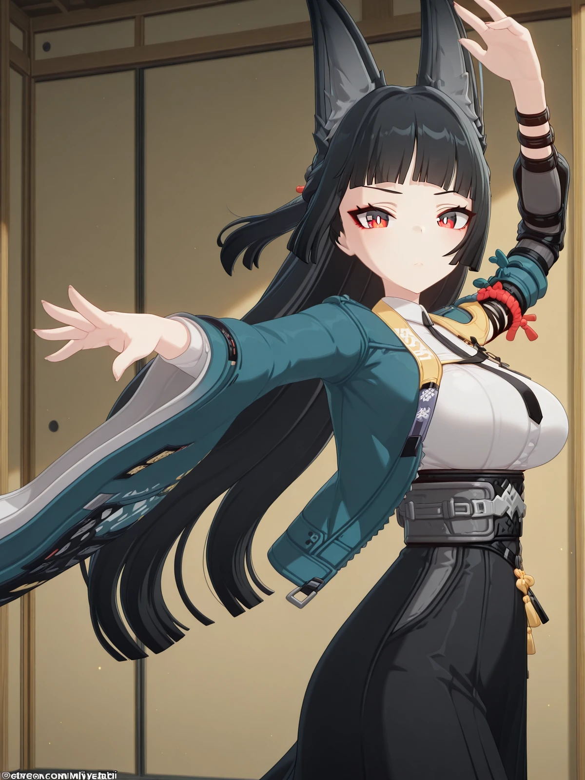 masterpiece, best quality, amazing quality,, <lora:zzz-miyabi-hoshimi-ingame-illustriousxl-lora-nochekaiser:1>, miyabi hoshimi, hoshimi miyabi, animal ear fluff, animal ears, black hair, bright pupils, fox ears, fox girl, half updo, long hair, red eyes, sidelocks, white pupils, mature female, large breasts, 3d, <lora:elsa-pose-illustriousxl-lora-nochekaiser:1>, elsa pose, solo, looking at viewer, arm up, hand up,, , ,