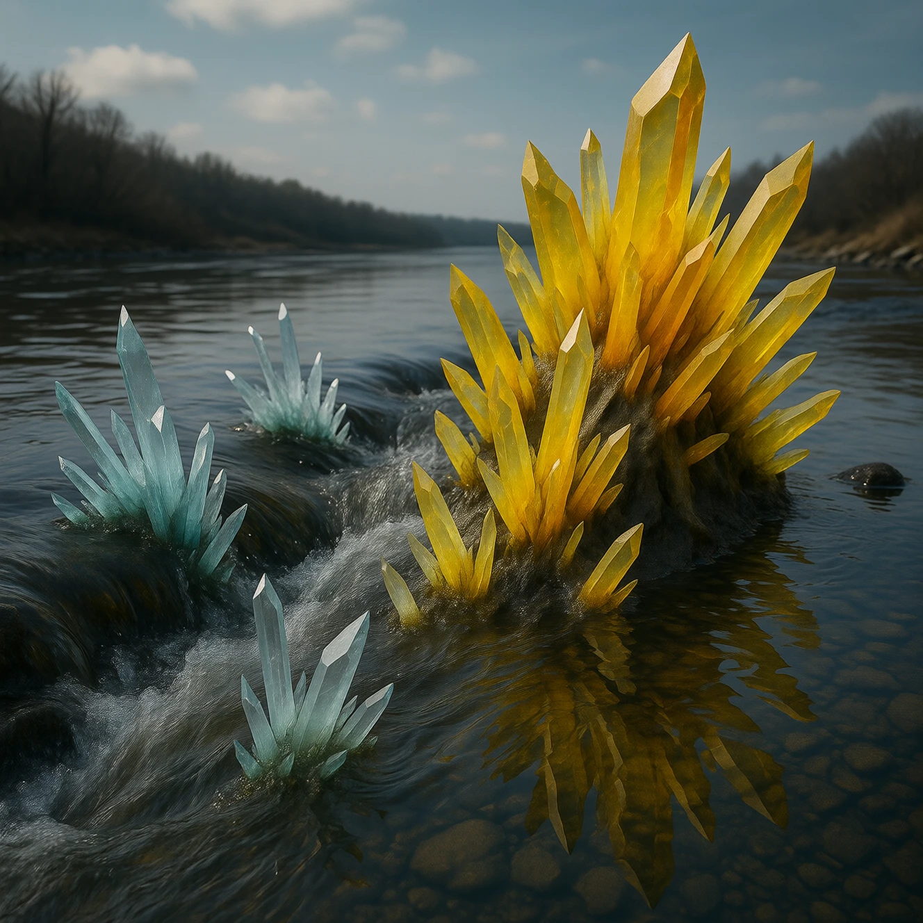 bright yellow CrystalPl4gu3 erupting river frozen mid-flow into translucent crystal, shards rising from surface, sky reflecting in fractured surfaces