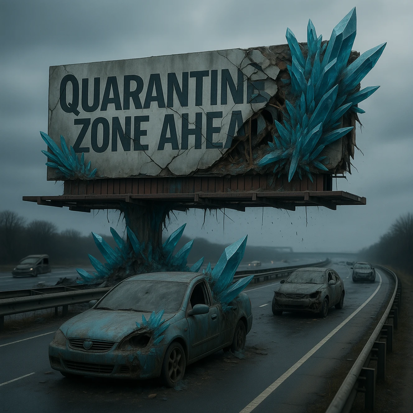 muted blue CrystalPl4gu3 erupting highway billboard half-collapsed, text “Quarantine Zone Ahead” fractured by crystalline growths, cars frozen mid-escape