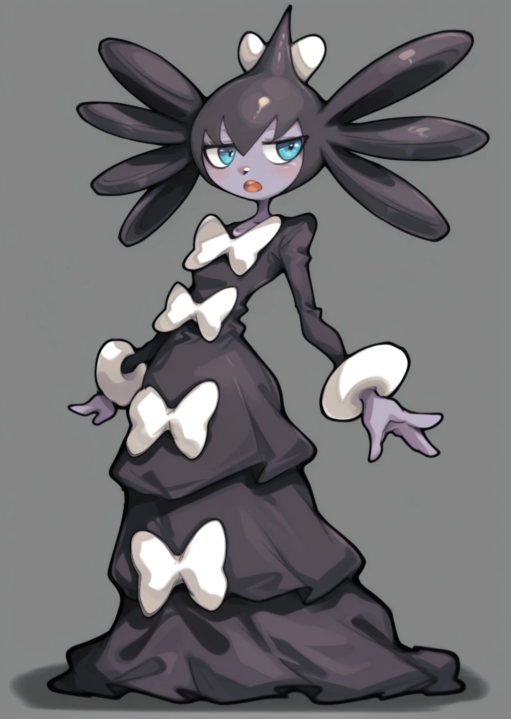 masterpiece,  detailed, high quality, BREAK, full body, shiny skin, 1girl,  <lora:Gothitelle (Pokemon BW) [Illustrious]:0.8> gothitelle, black dress, white bows, frills, <lora:iparupua_style_lora_ILL:0.8> iparupua, by iparupua