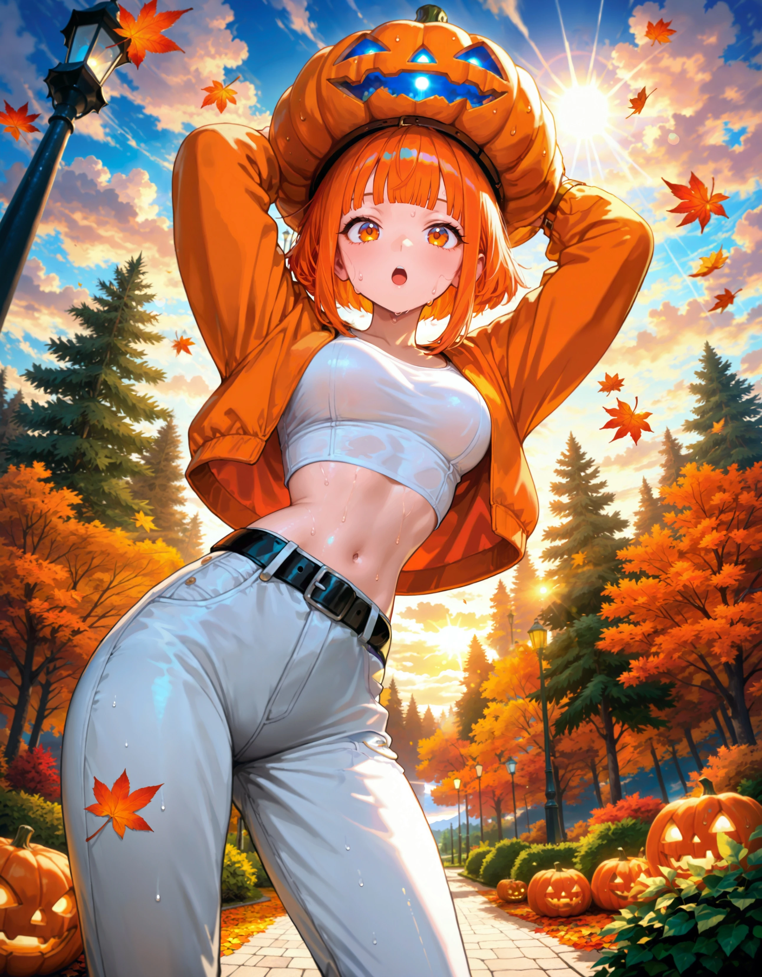<lora:Ultra Lora Detailer and Glow>,1girl,:o,arms up,autumn,autumn leaves,bangs,bare tree,belt,belt buckle,black belt,blue sky,blunt bangs,branch,breasts,buckle,bush,cloud,cloudy sky,cowboy shot,crop top,day,forest,from below,halloween,jack-o'-lantern,lamppost,leaf,leaf background,lens flare,long sleeves,looking at viewer,nature,navel,open mouth,orange eyes,orange hair,orange jacket,outdoors,palm tree,pants,park,pine tree,plant,pumpkin,short hair,sidelocks,sky,solo,sun,sunlight,sunset,sweat,tree,