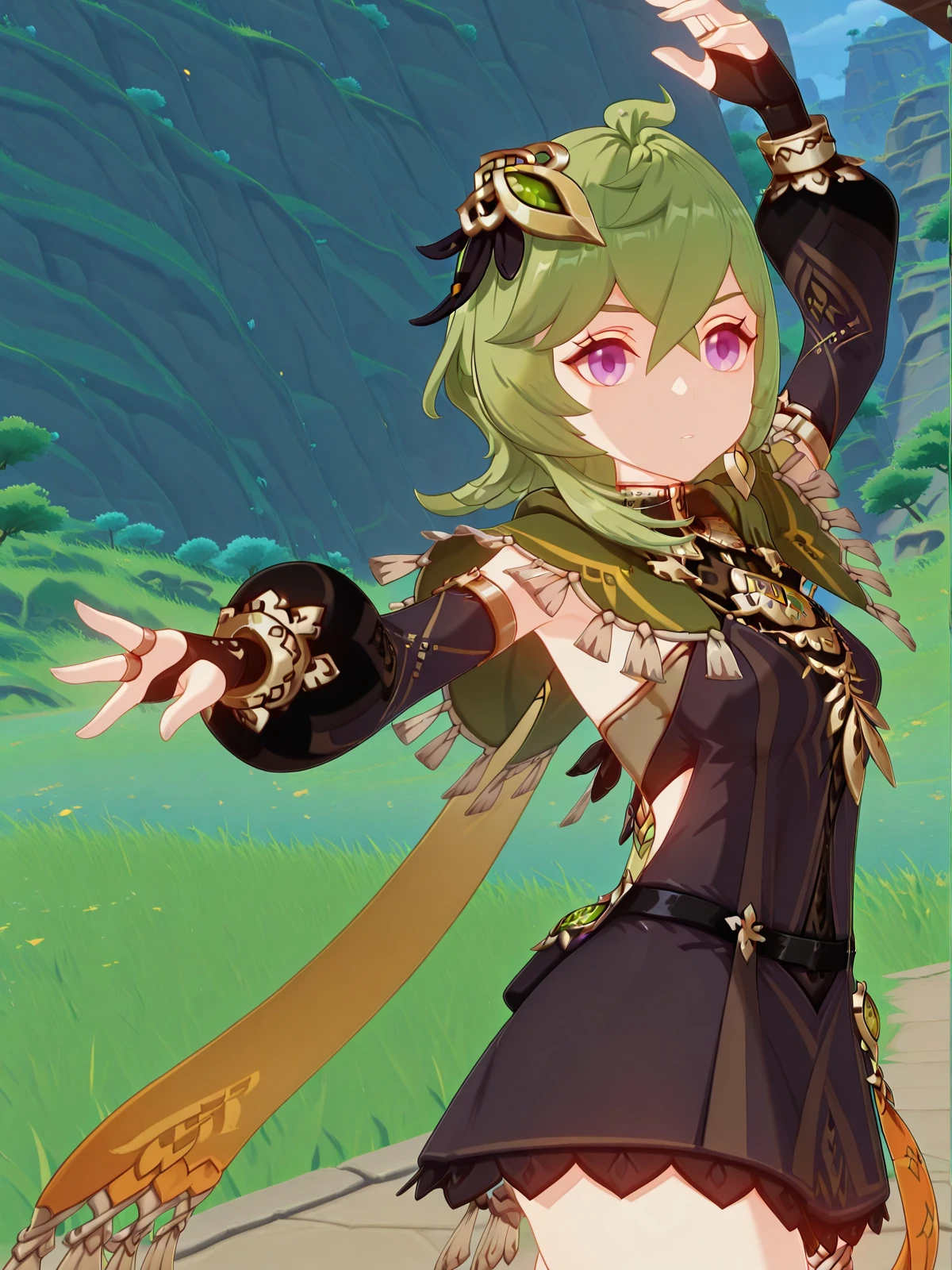 masterpiece, best quality, amazing quality,, <lora:genshin-collei-ingame-illustriousxl-lora-nochekaiser:1>, collei, collei (genshin impact), bangs, hair ornament, hair between eyes, purple eyes, green hair, mature female, small breasts, 3d,, <lora:elsa-pose-illustriousxl-lora-nochekaiser:1>, elsa pose, solo, looking at viewer, arm up, hand up,, , ,
