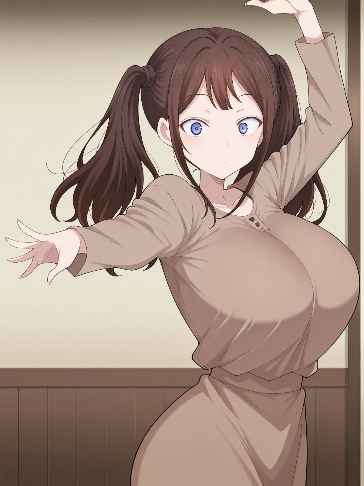 masterpiece, best quality, amazing quality,, <lora:terasu-mc-tsubame-manga-illustriousxl-lora-nochekaiser:1>, tsubame, long hair, blue eyes, brown hair, twintails, mature female, huge breasts, anime screencap, <lora:elsa-pose-illustriousxl-lora-nochekaiser:1>, elsa pose, solo, looking at viewer, arm up, hand up,, , ,