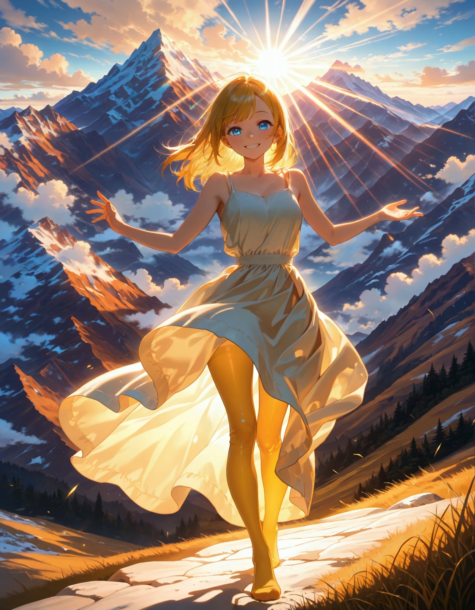 <lora:Ultra Lora Detailer and Glow>,1girl,detail,white dress,shadows,rays,blue eyes,smile,hands up,yellow stockings,mountains,blue sky,detailed clouds,glow,blur,
