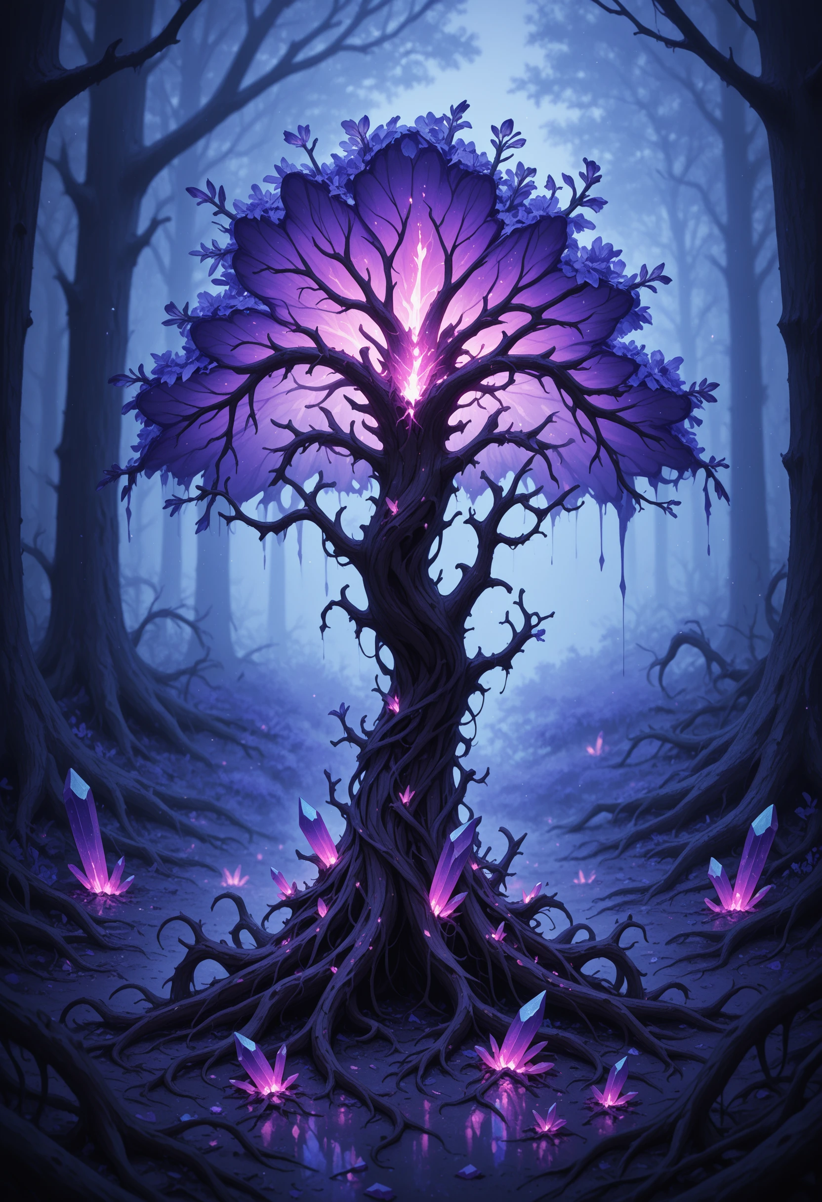 CrystalPl4gu3 gnarled tree trunk splitting into glowing quartz, roots wrapped in translucent shards, violet light haze