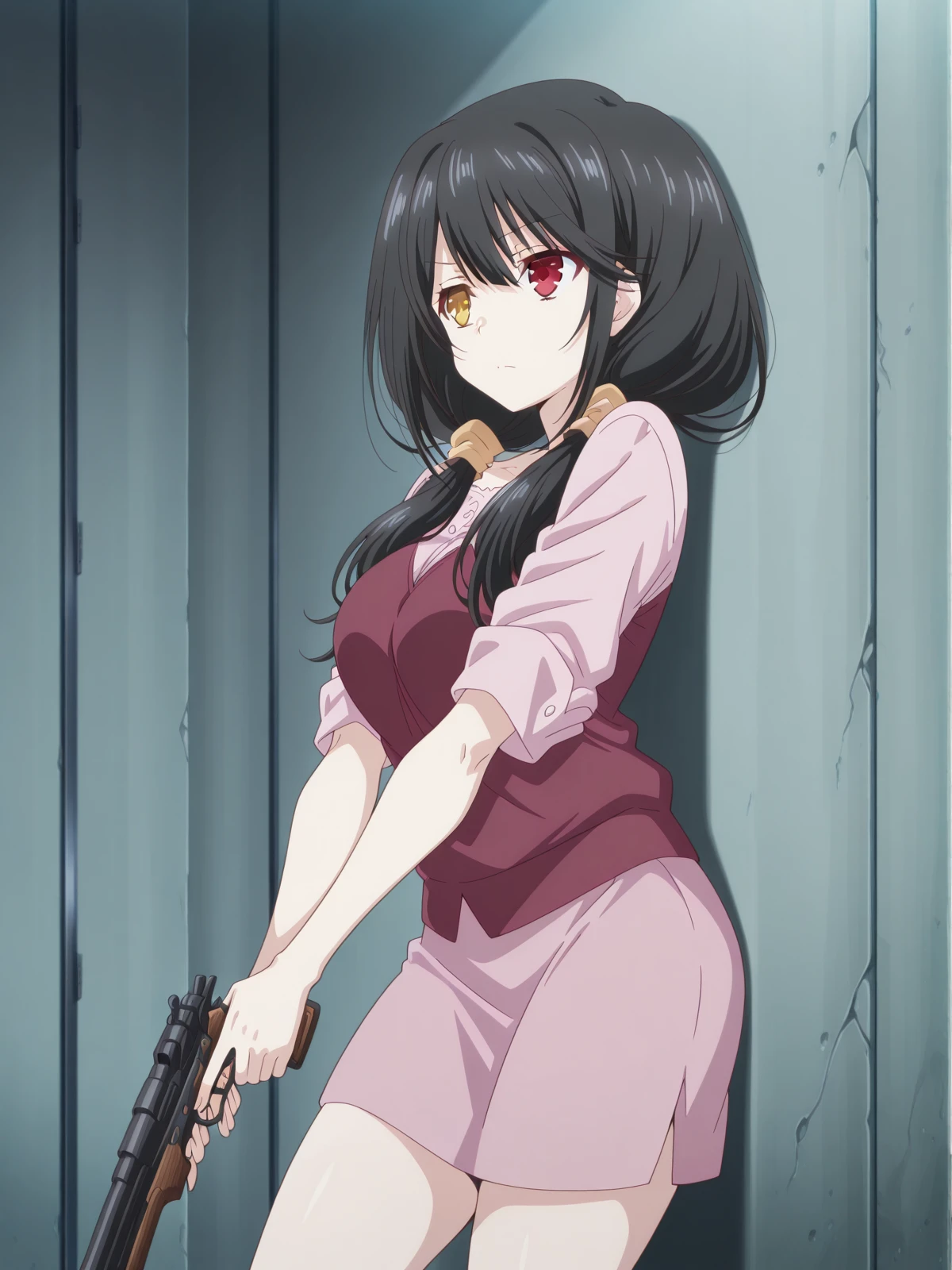 masterpiece, best quality, amazing quality,, <lora:kurumi-tokisaki-s2-illustriousxl-lora-nochekaiser:1>, kurumi tokisaki, black hair, red eyes, long hair, twintails, yellow eyes, heterochromia, mature female, medium breasts, anime screencap, <lora:holding-gun-against-wall-illustriousxl-lora-nochekaiser:1>, holding gun against wall, solo, holding, closed mouth, standing, holding weapon, gun, holding gun, against wall, looking to the side, wall, cowboy shot,, , ,