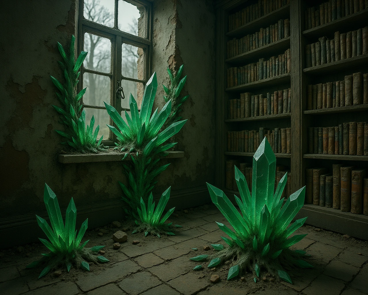 harsh green, CrystalPl4gu3 erupting, interior of a library consumed by crystalline infection, shelves splitting into glass prisms, books fossilized in quartz