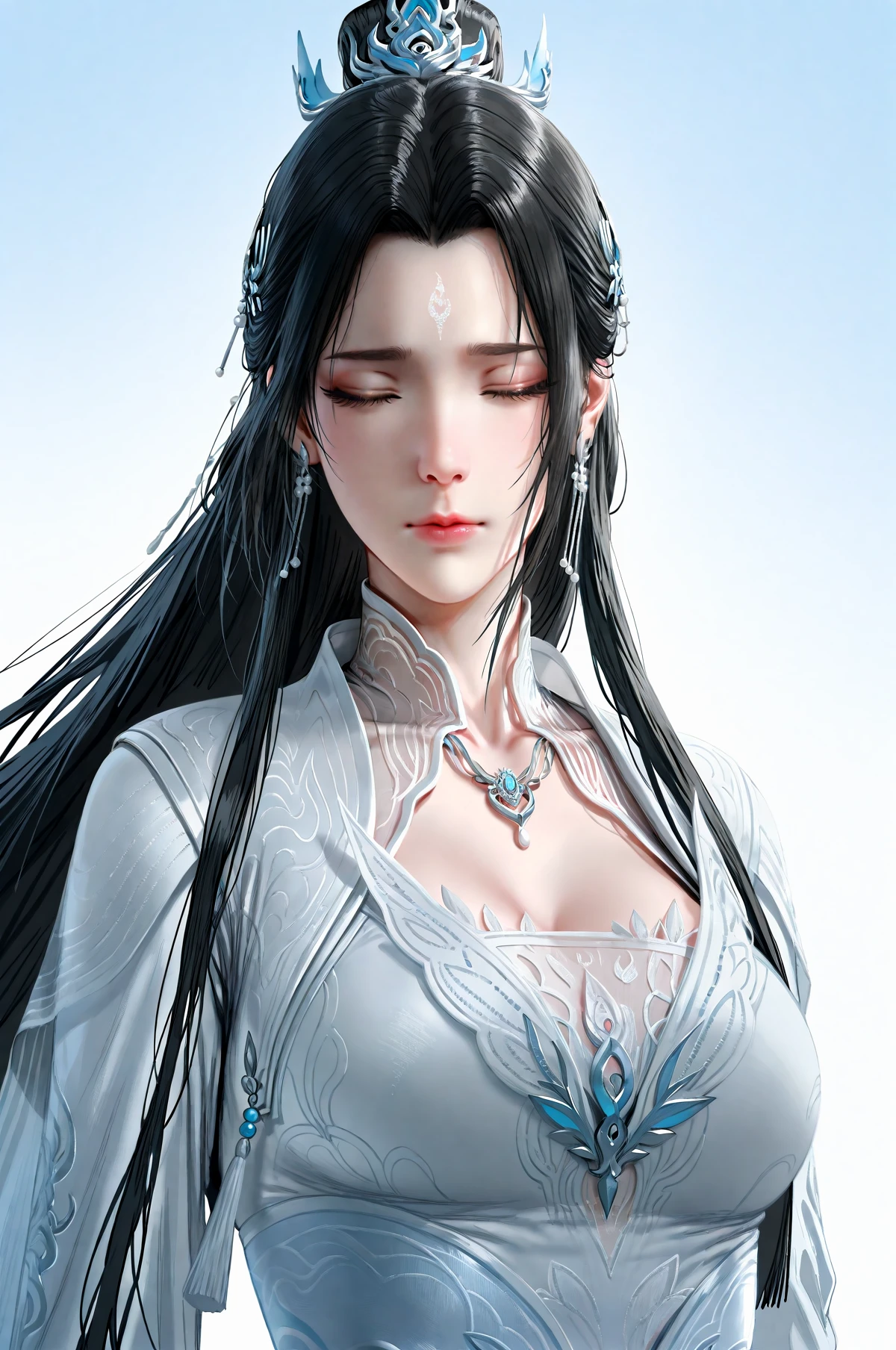 <lora:LuXueqi1llust:0.8>,
Lu Xueqi,(Zhu Xian),elegant female cultivator,1girl,jewelry,closed eyes,earrings,hair ornament,black hair,solo,long hair,forehead mark,facial mark,simple background,closed mouth,dress,upper body,necklace,hair bun,eyelashes,(NIXEU:1.3),(quasarcake:1.3),(hews:1.4),gradient_background,depth_of_field,(sketches:1.4),