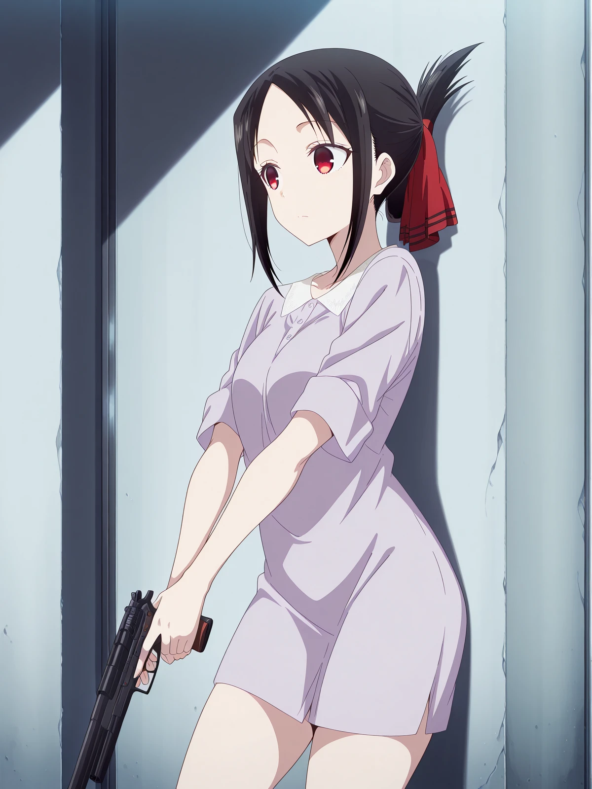 masterpiece, best quality, amazing quality,, <lora:kaguya-shinomiya-s3-illustriousxl-lora-nochekaiser:1>, kaguya shinomiya, short hair, bangs, black hair, red eyes, hair ribbon, sidelocks, folded ponytail, parted bangs, mature female, small breasts, anime screencap, <lora:holding-gun-against-wall-illustriousxl-lora-nochekaiser:1>, holding gun against wall, solo, holding, closed mouth, standing, holding weapon, gun, holding gun, against wall, looking to the side, wall, cowboy shot,, , ,