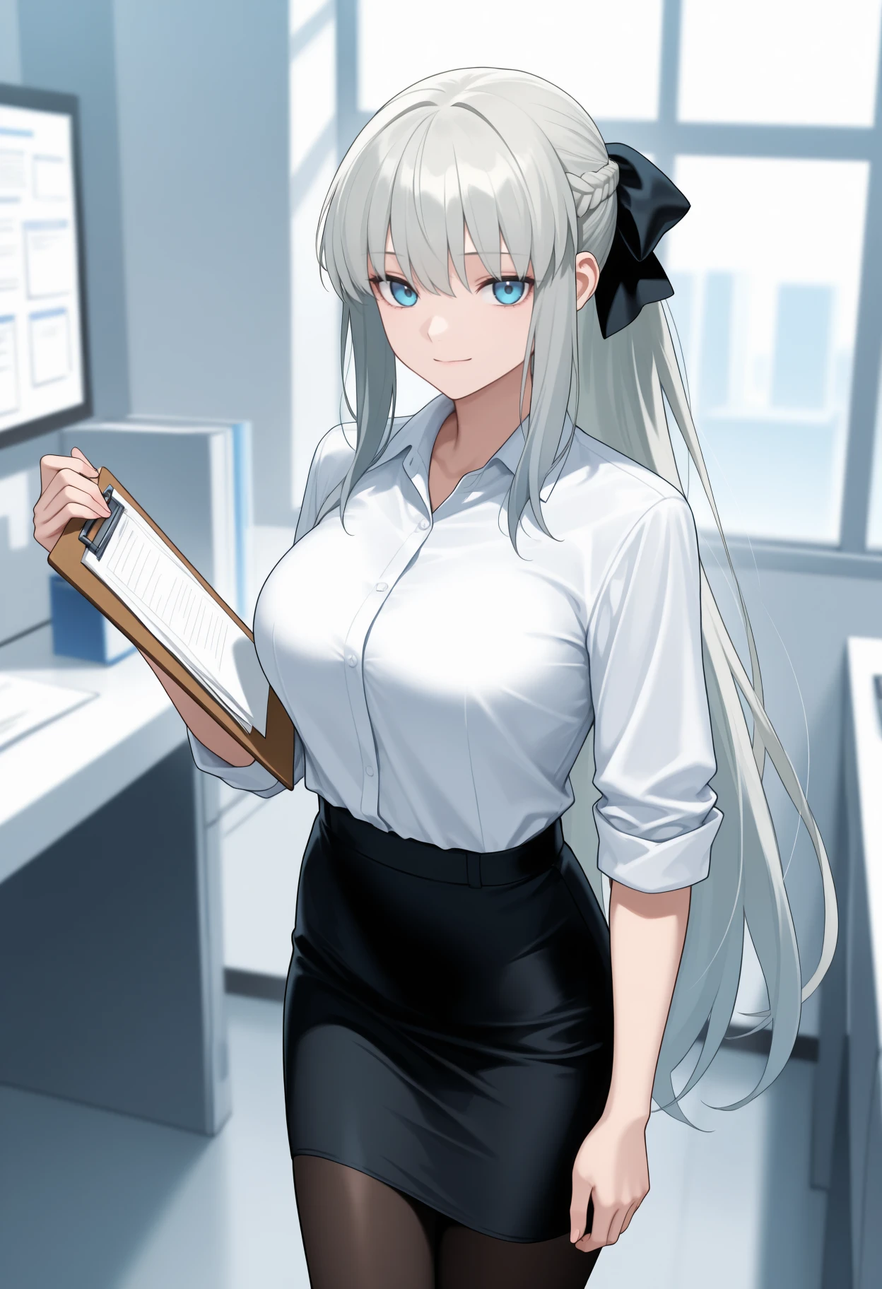 newest, solo, 1girl, slight smile, looking at viewer, standing, arm at side, holding clipboard, long hair, grey hair, sidelocks, french braid, ponytail, hair bow, black bow, blue eyes, white shirt, collared shirt, shirt tucked in, sleeves rolled up, black skirt, pencil skirt, black pantyhose, large breasts, indoors, office, cubicle
<segment:yolo-Anzhc Face seg 640 v3 y11n.pt,0.5,0.5//cid=11>