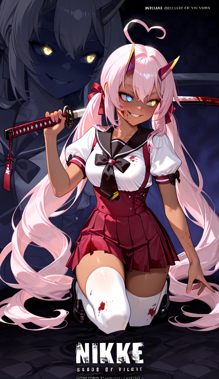 masterpiece, best quality, newest, absurdres, highres, NikkeProfile, full body, checkered background, zoom layer, copyright name, character name, english text, logo, on one knee, looking to the side,(glowing eyes:1.6), <lora:NikkeProfile_illusXLNoobAI_Incrs_v2:1> ,(darkness:1.6),(glowing eyes:1.6), (horror:1.6), horror \(theme\), disease,(evil smile:1.6),  (slanted eyes:1.4), holding katana,blood on face,(blood on clothes:1.6), fog, katana over shoulder, blood on weapon,
 <lora:Tyber_Indianpolis_AL_NAI:1> indischool, blue eyes, yellow eyes, very long hair, light pink hair, heart ahoge, side ponytails, low twintails, red hair bow, heterochromia, oni horns,dark skin, dark-skinned female, medium breasts, underbust, black sailor collar, puffy short sleeves, black bow, white shirt, school uniform, pleated skirt, suspender skirt, high-waist skirt, red skirt, zettai ryouiki, white thighhighs, black loafers,
