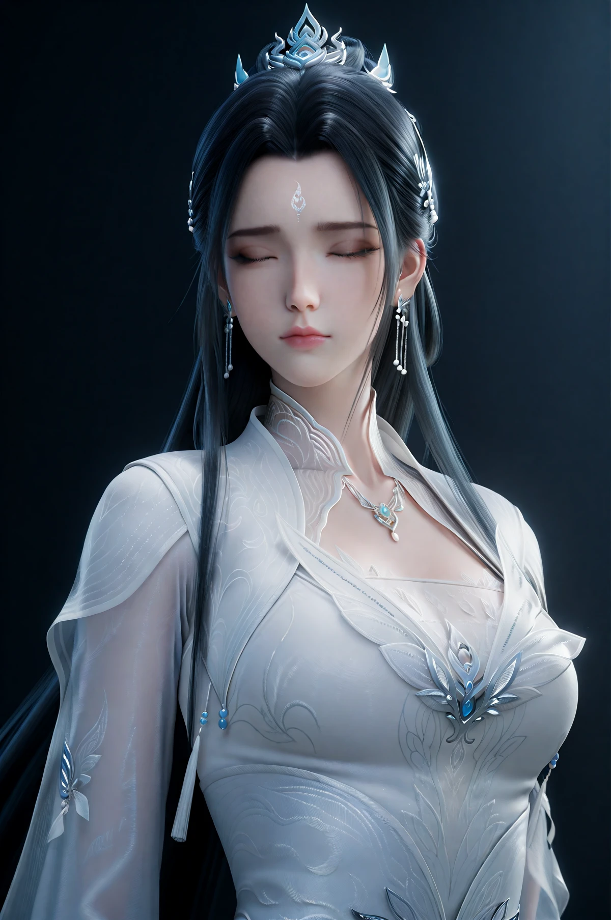 masterpiece,best quality,ultra high res,8K UHD,hyper-detailed,high-end CG render,cinematic CGI,photorealistic ray tracing,physically based rendering (PBR),(advanced global illumination:0.9),HDR lighting,ultra-sharp focus,depth of field for cinematic realism,subsurface scattering for lifelike skin,realistic shader complexity,ultra-detailed materials with high fidelity textures,physically accurate reflections and refractions,volumetric lighting for atmospheric depth,soft yet dynamic shadows for depth enhancement,micro-detail displacement for added realism,highly refined specular highlights,perfectly balanced contrast for a polished CG aesthetic,ultra-realistic hair strands with physics-based shading,expressive and naturally posed facial details,advanced ambient occlusion for enhanced depth,smooth and precise gradient shading,color-graded for cinematic impact,ultra-fine polygon detailing,seamless texture blending,real-time path tracing quality,physically accurate subsurface effects,AAA game-quality rendering,CG movie-level realism.,
dark,moody,gothic,haunting beauty,mysterious figures.,
<lora:LuXueqi1llust:0.8>,
Lu Xueqi,(Zhu Xian),elegant female cultivator,1girl,jewelry,closed eyes,earrings,hair ornament,black hair,solo,long hair,forehead mark,facial mark,simple background,closed mouth,dress,upper body,necklace,hair bun,black_background,eyelashes,